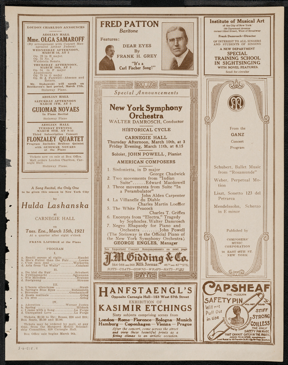 National Symphony Orchestra, March 6, 1921, program page 9