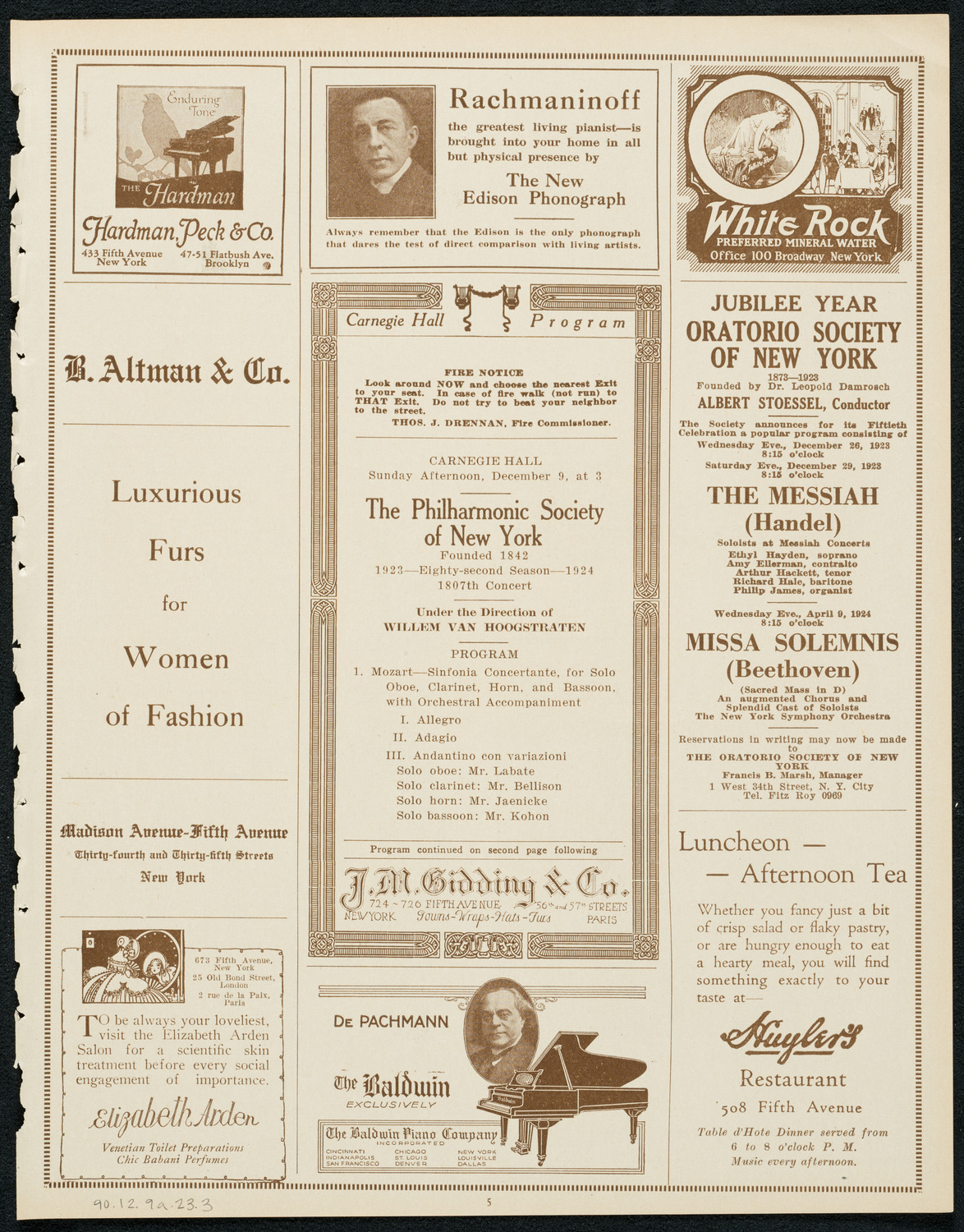 New York Philharmonic, December 9, 1923, program page 5