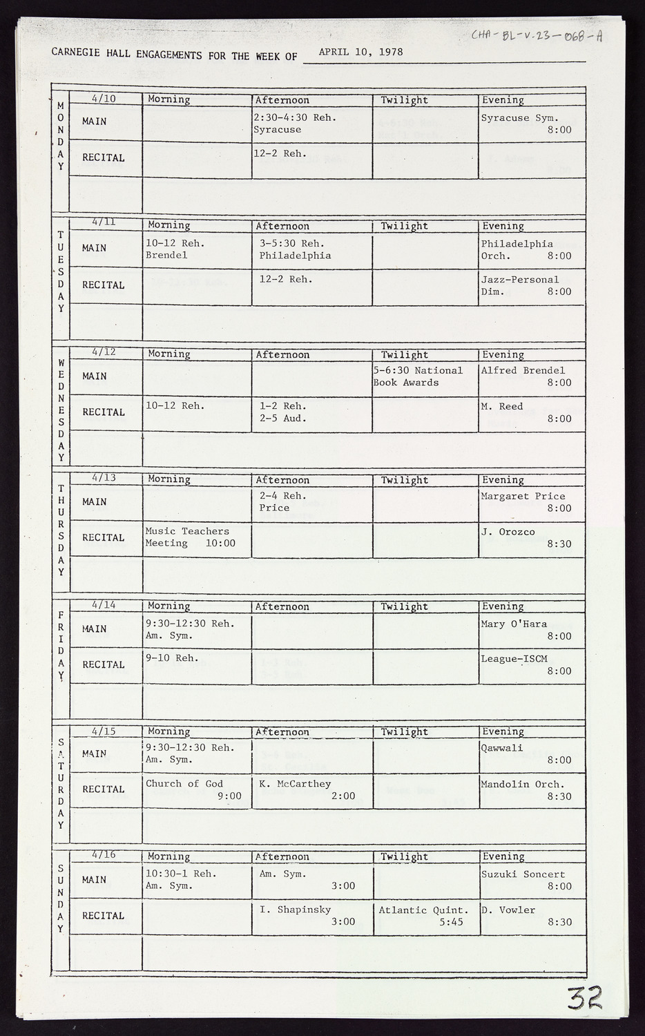 Carnegie Hall Booking Ledger, volume 23, page 68a