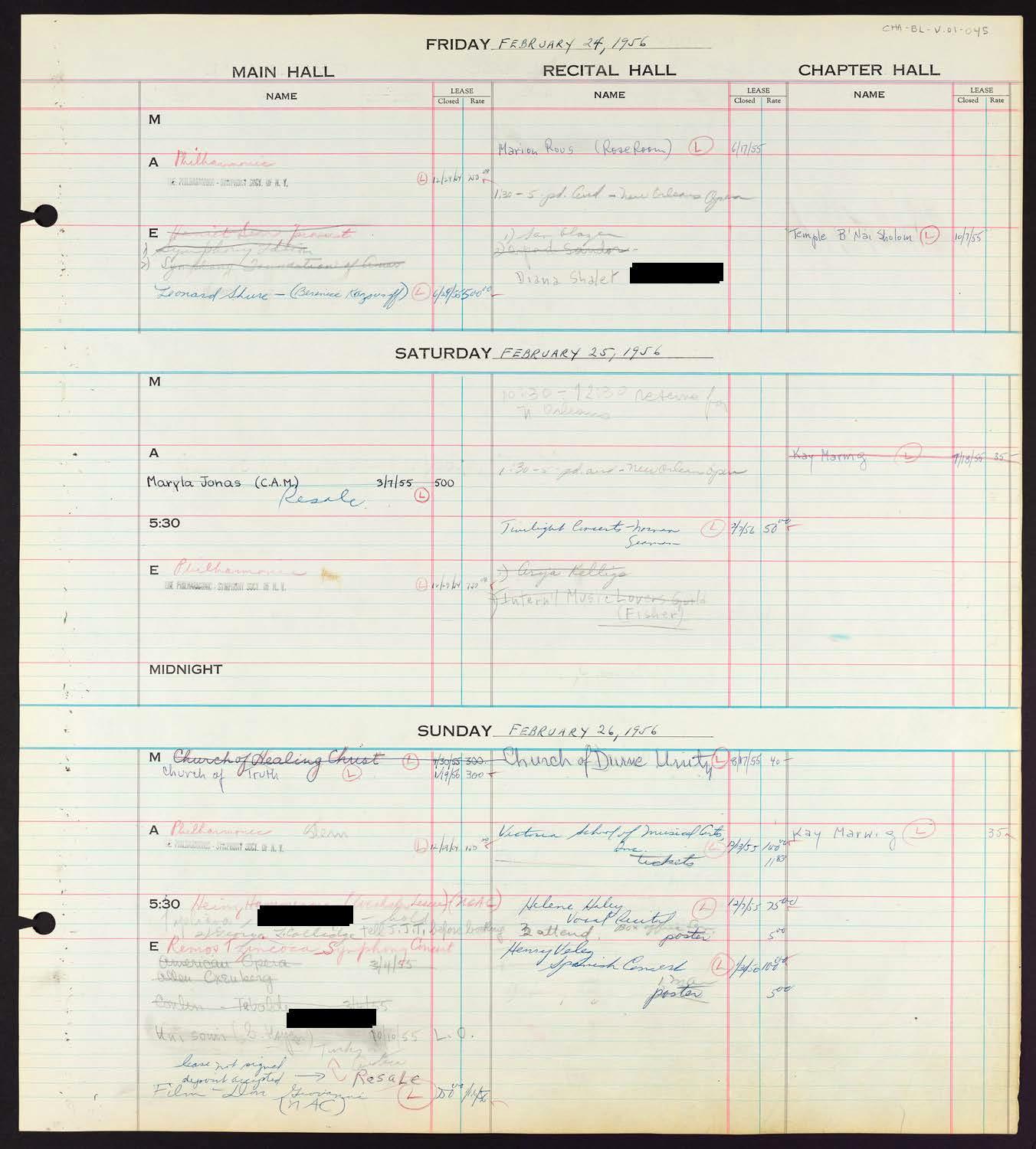 Carnegie Hall Booking Ledger, volume 1, page 45