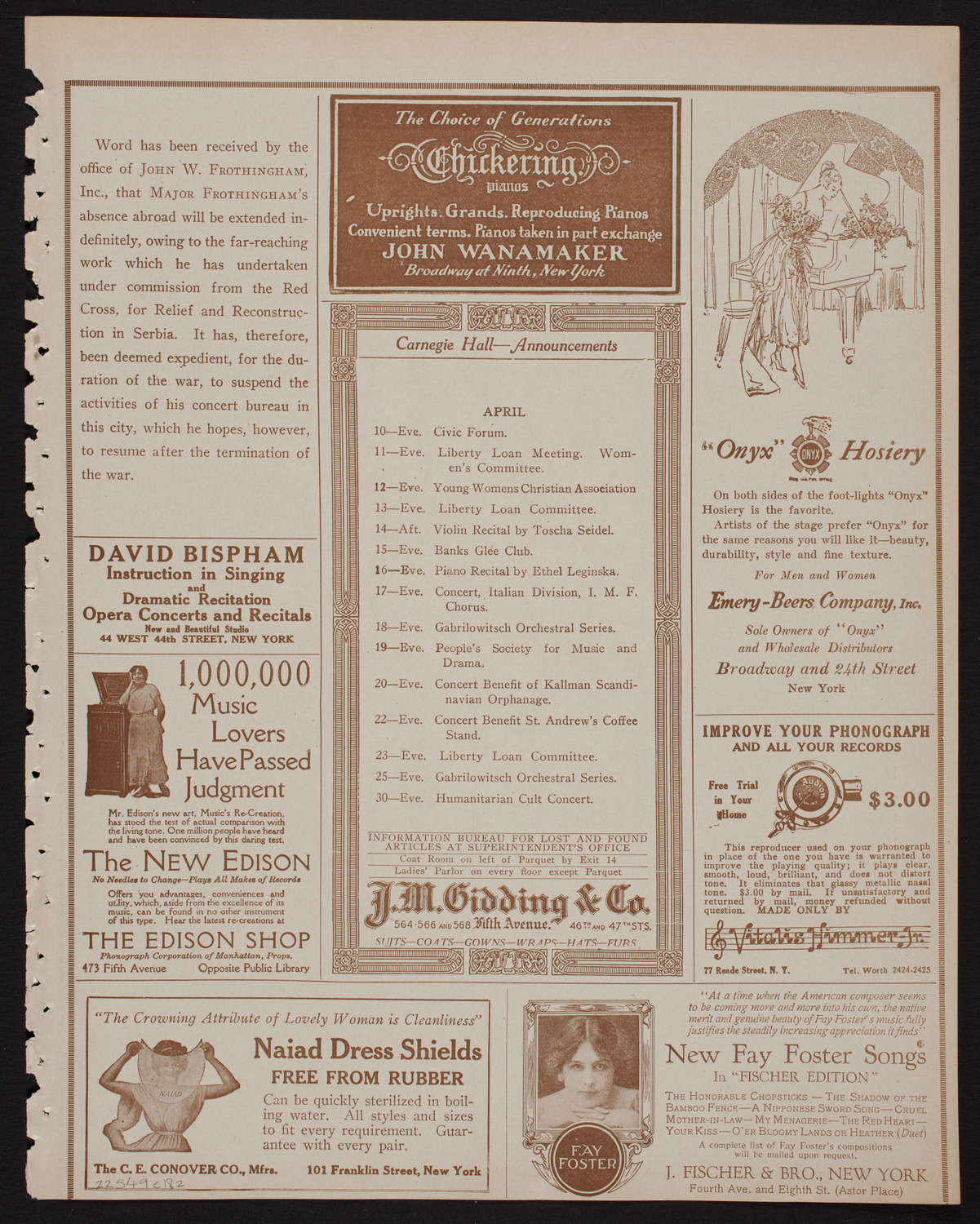 Schola Cantorum of New York, April 9, 1918, program page 3