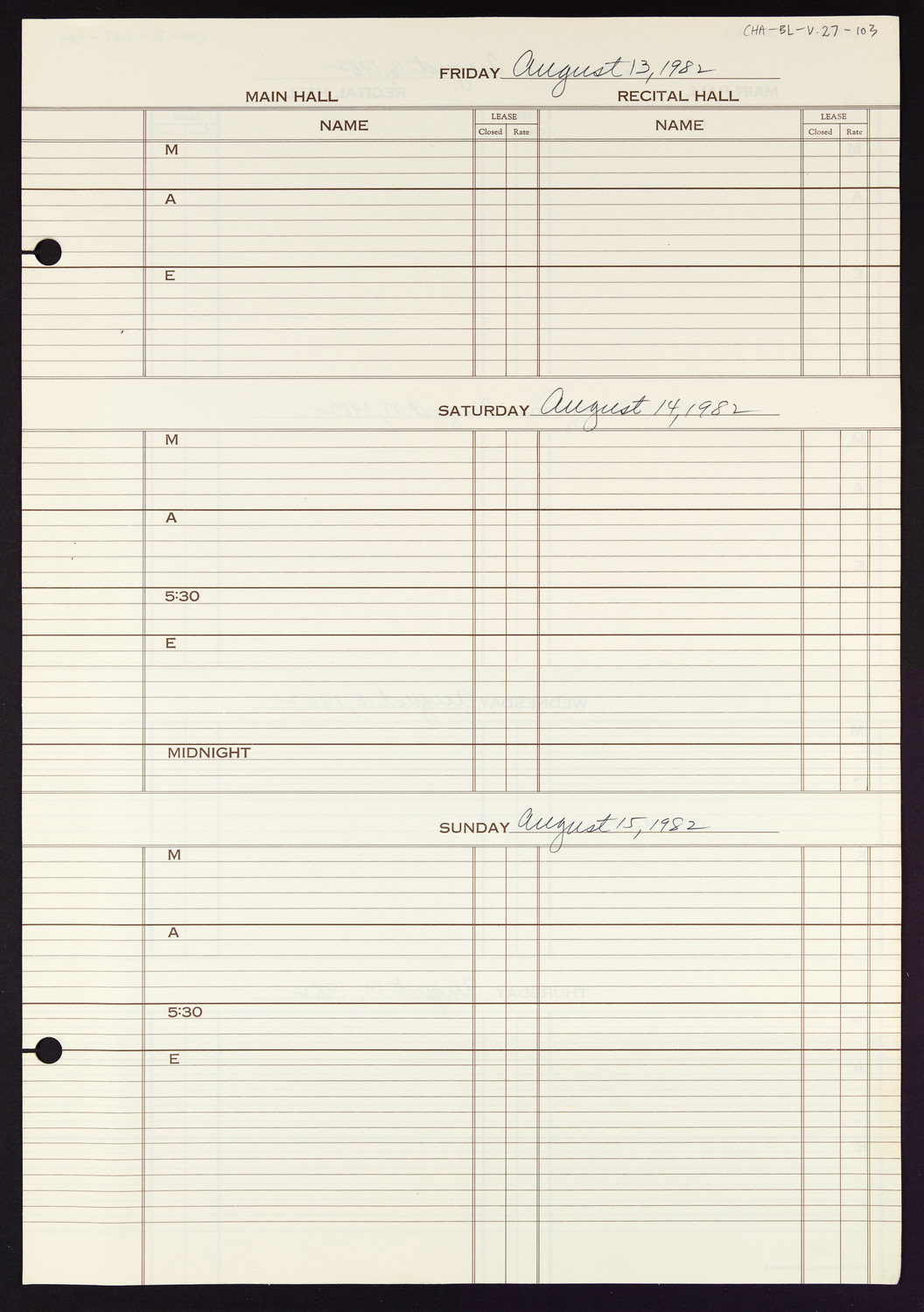 Carnegie Hall Booking Ledger, volume 27, page 103