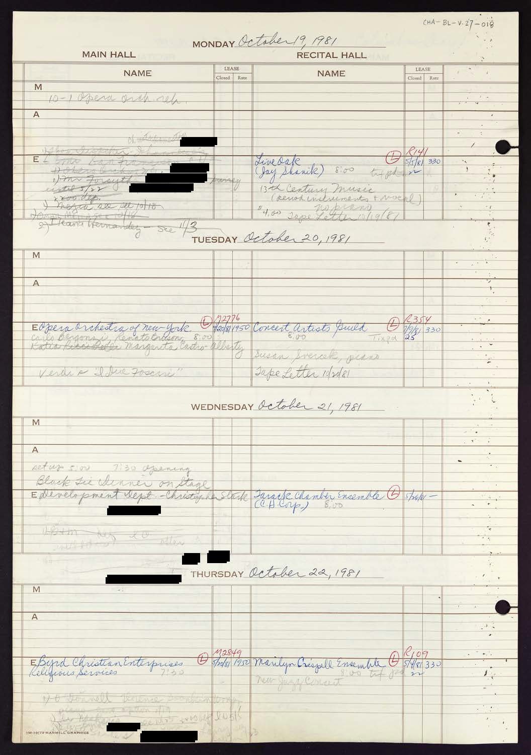 Carnegie Hall Booking Ledger, volume 27, page 18