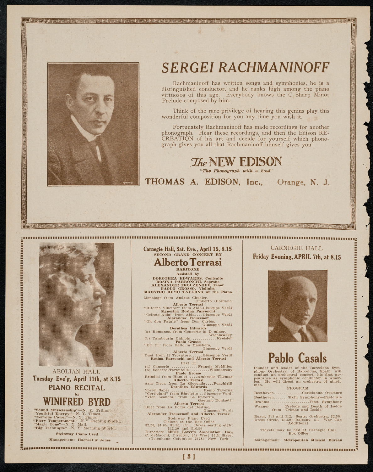 Sergei Rachmaninoff, Piano with the New York Symphony Orchestra, April 2, 1922, program page 2
