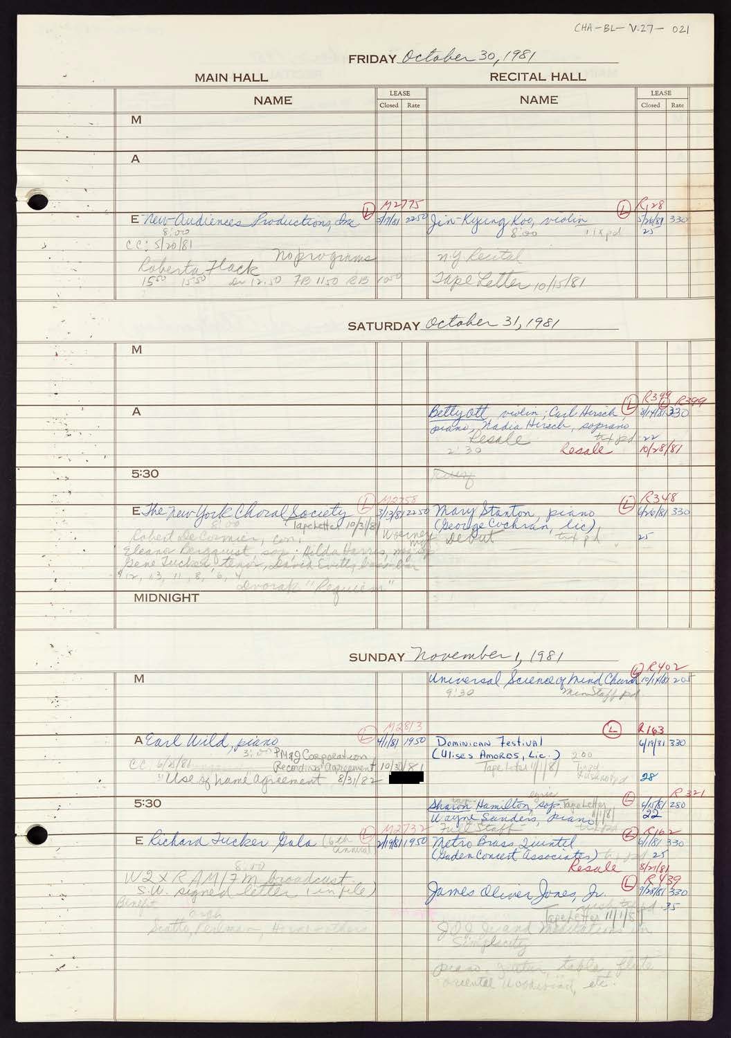 Carnegie Hall Booking Ledger, volume 27, page 21