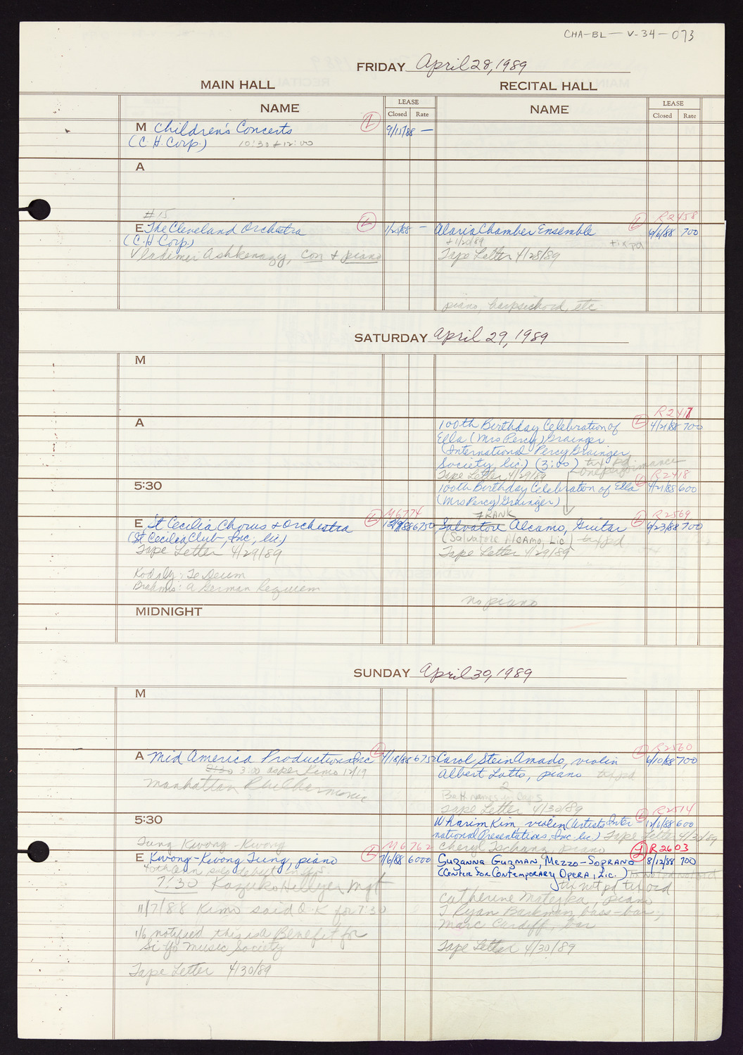 Carnegie Hall Booking Ledger, volume 34, page 73