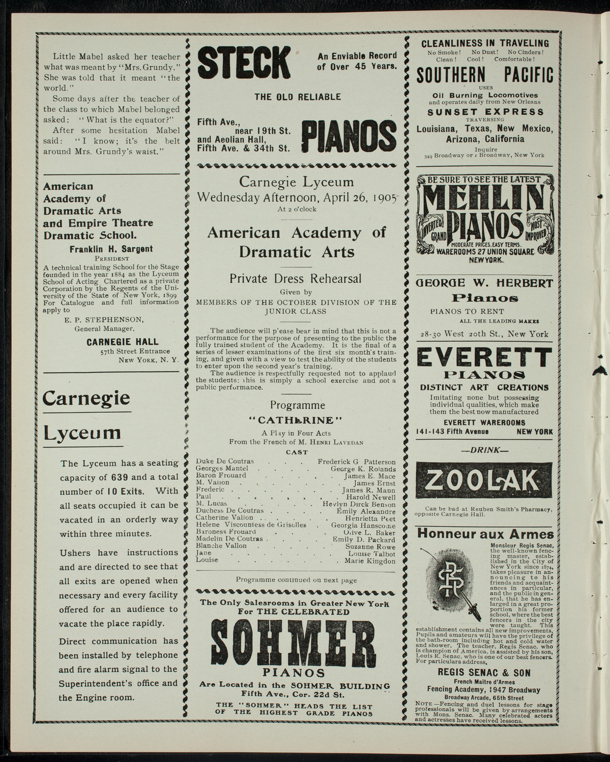 American Academy of Dramatic Arts Private Dress Rehearsal, April 26, 1905, program page 2