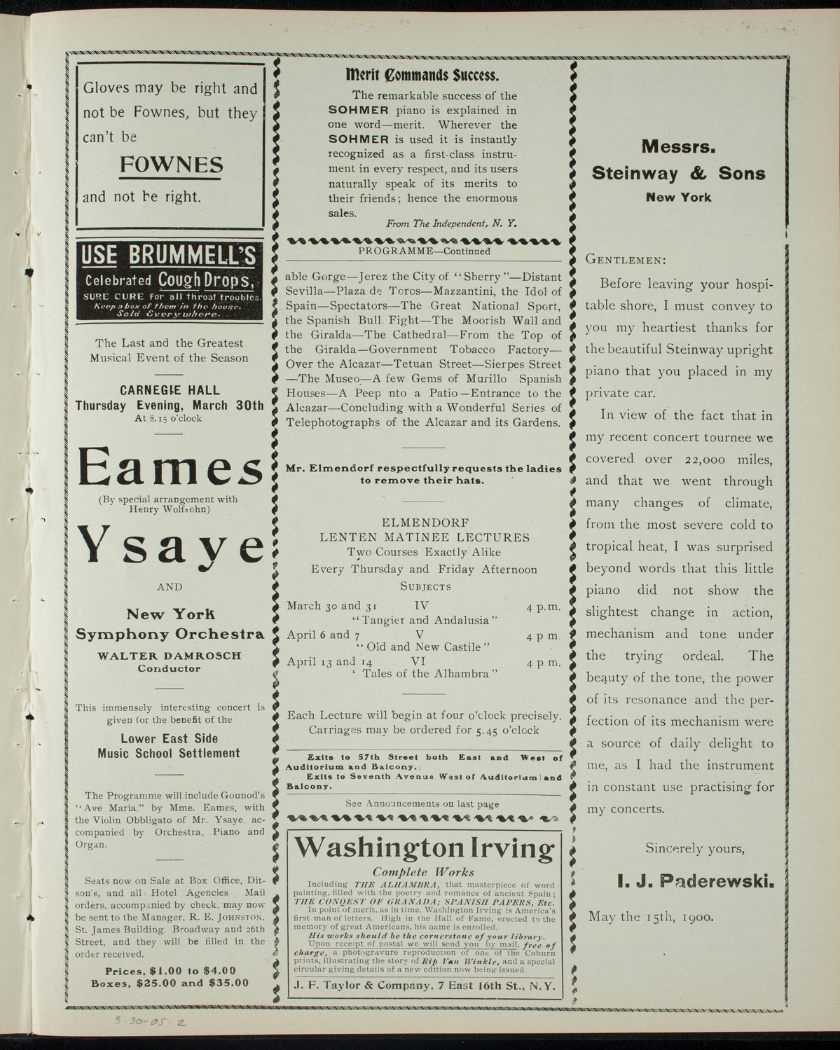 Elmendorf Lecture: Tangier and Andalusia, March 30, 1905, program page 3