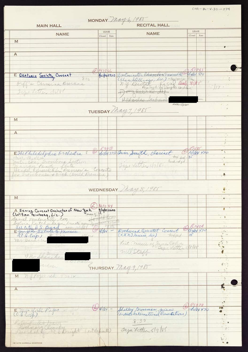 Carnegie Hall Booking Ledger, volume 30, page 74