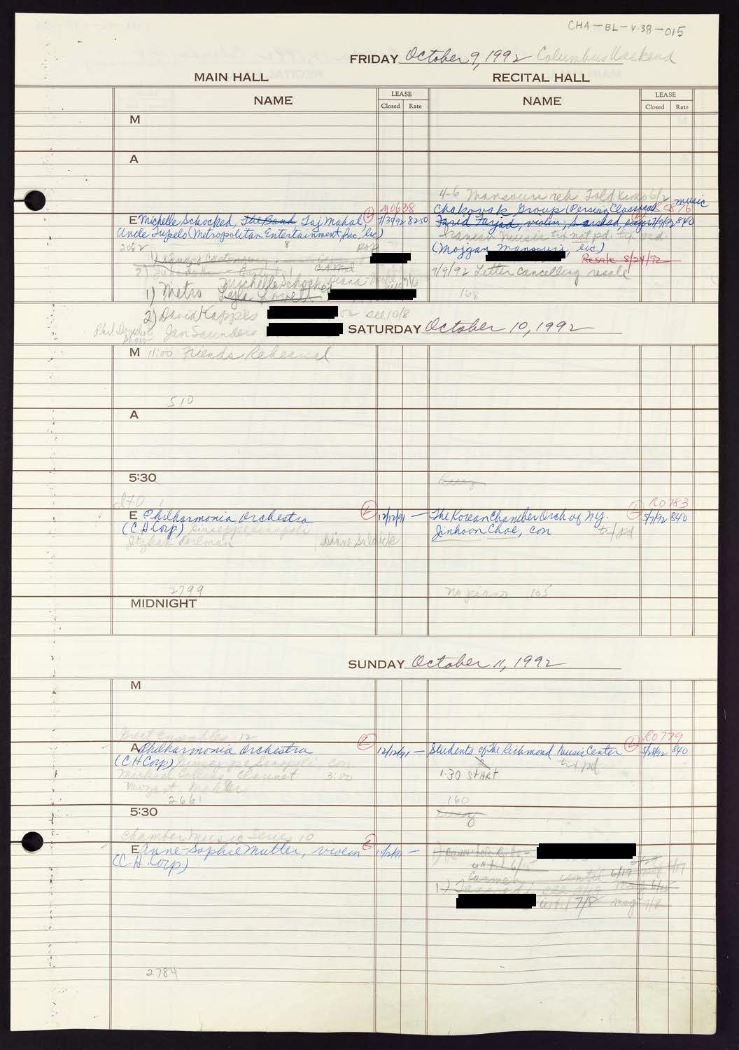 Carnegie Hall Booking Ledger, volume 38, page 15