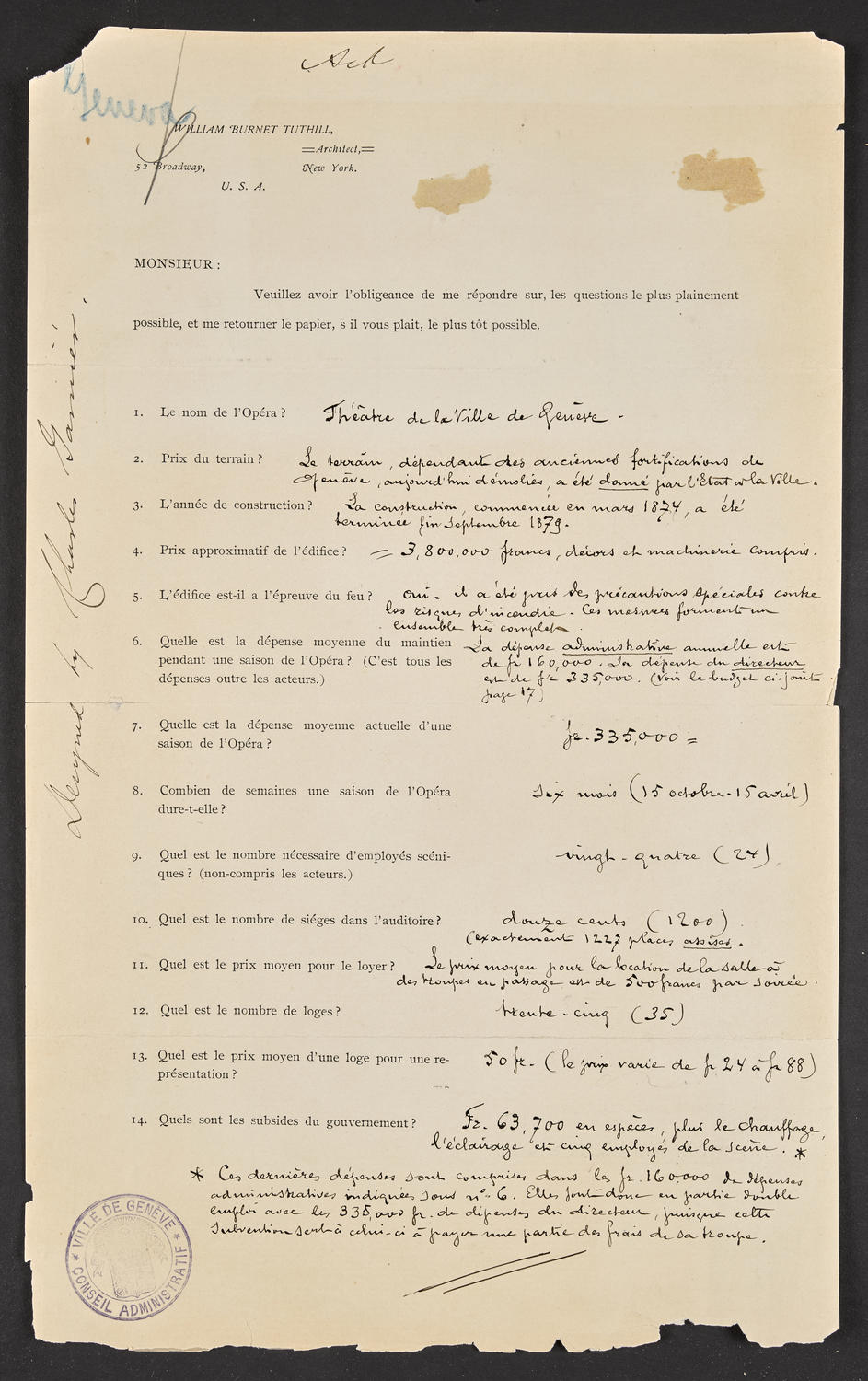 Questionnaire to the Théâtre de la Ville de Genève, 1893