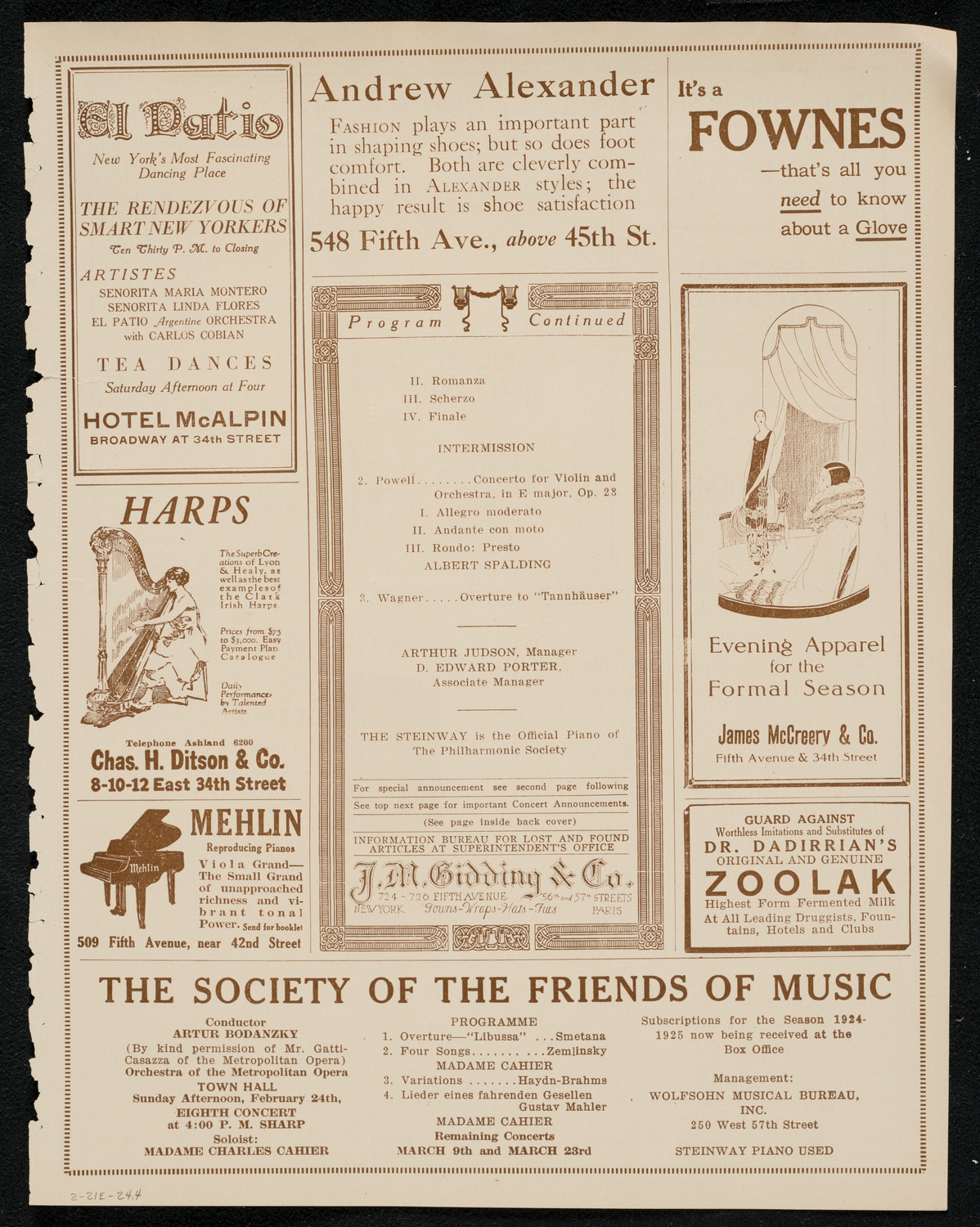 New York Philharmonic, February 21, 1924, program page 7