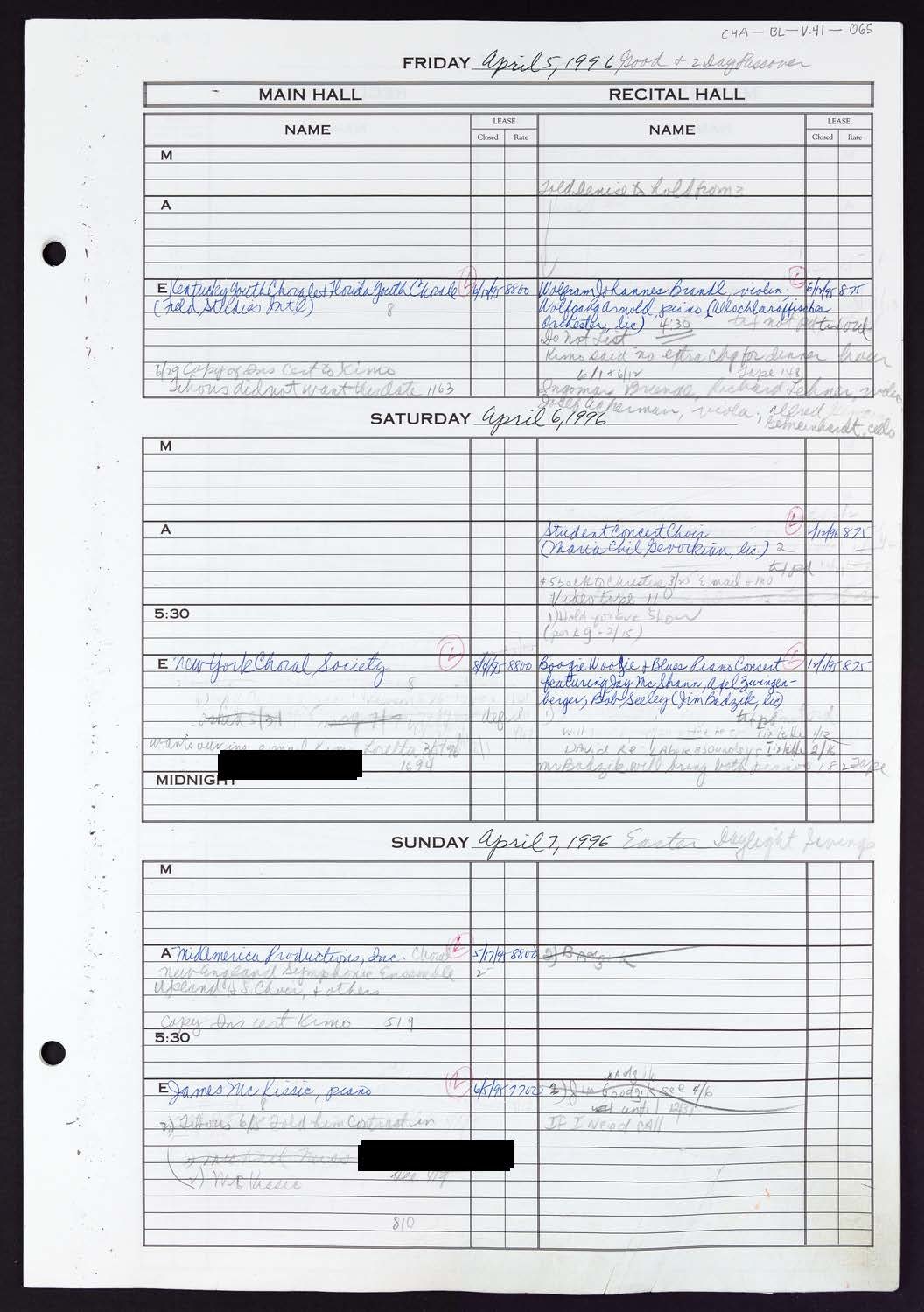 Carnegie Hall Booking Ledger, volume 41, page 65