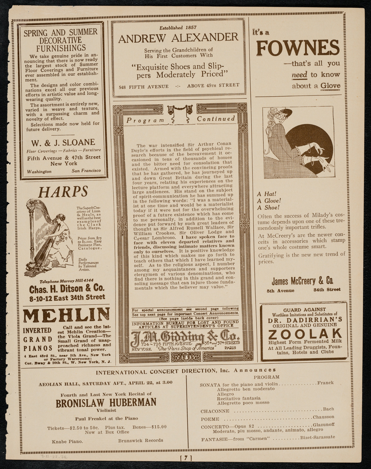 Sir Arthur Conan Doyle, April 12, 1922, program page 7