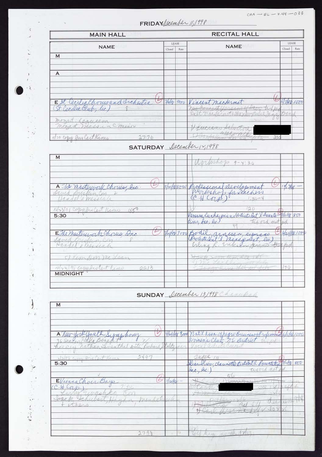 Carnegie Hall Booking Ledger, volume 44, page 33