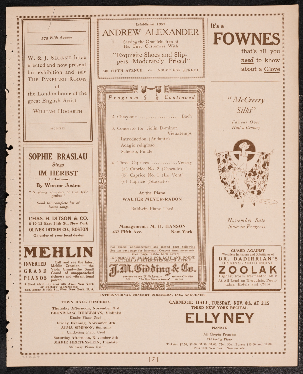 Franz von Vecsey, Violin, November 1, 1921, program page 7