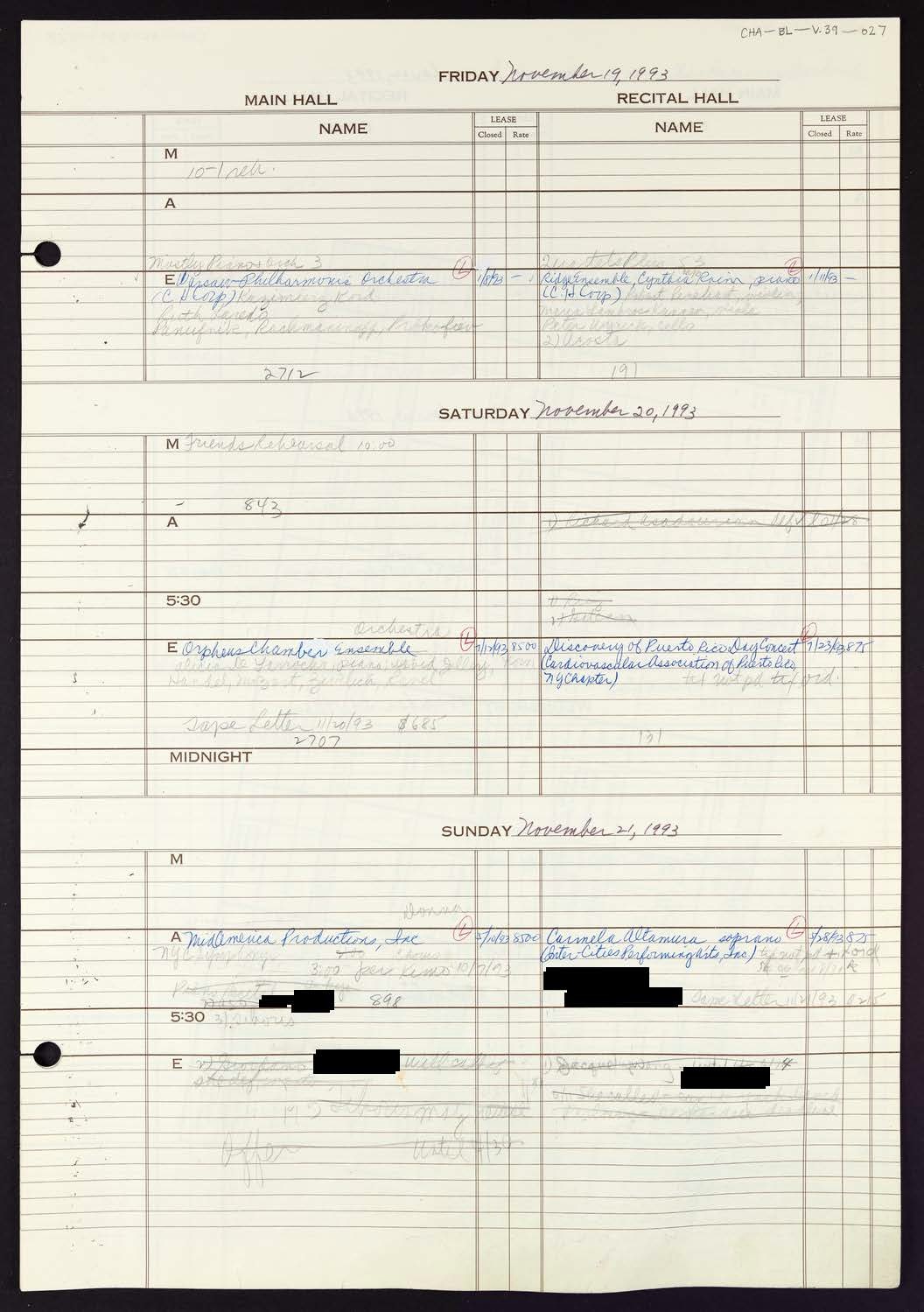 Carnegie Hall Booking Ledger, volume 39, page 27