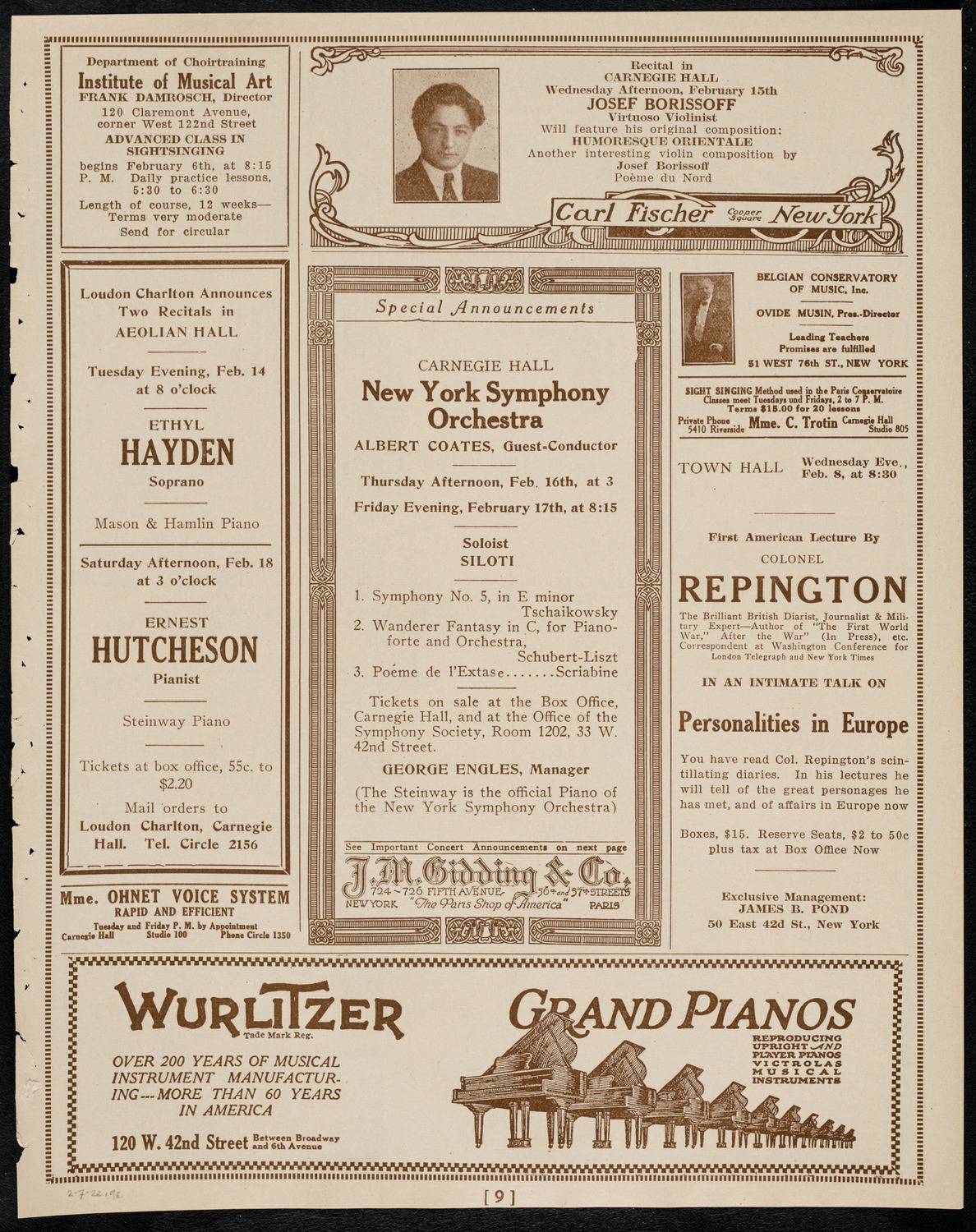 Philadelphia Orchestra, February 7, 1922, program page 9