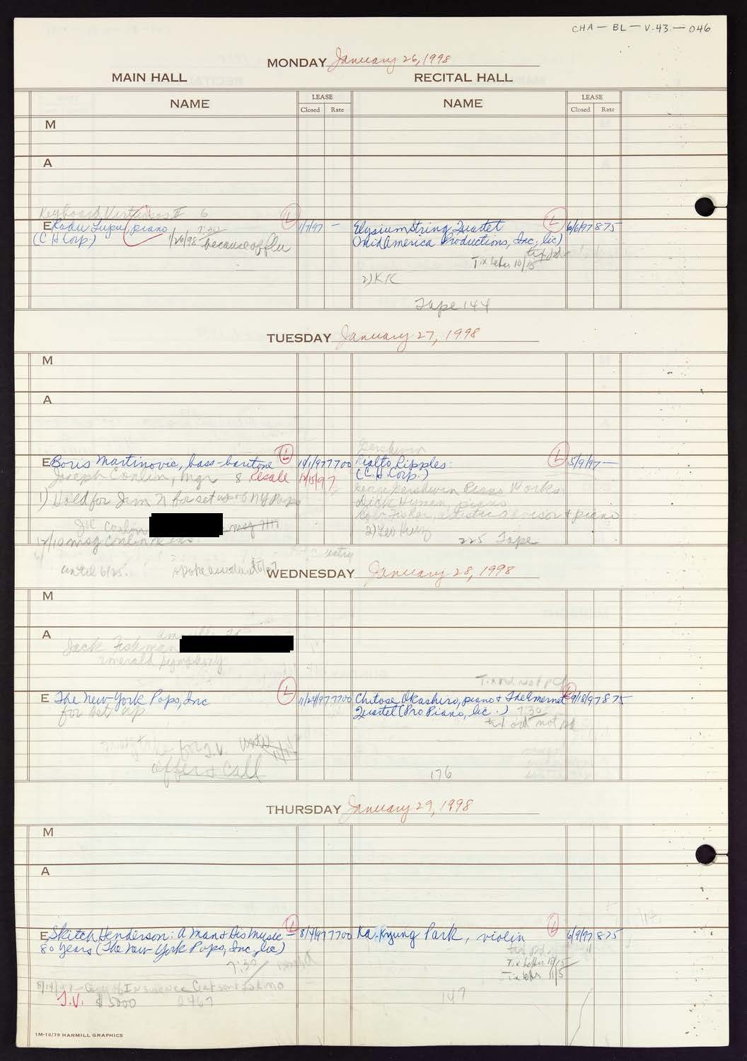 Carnegie Hall Booking Ledger, volume 43, page 46