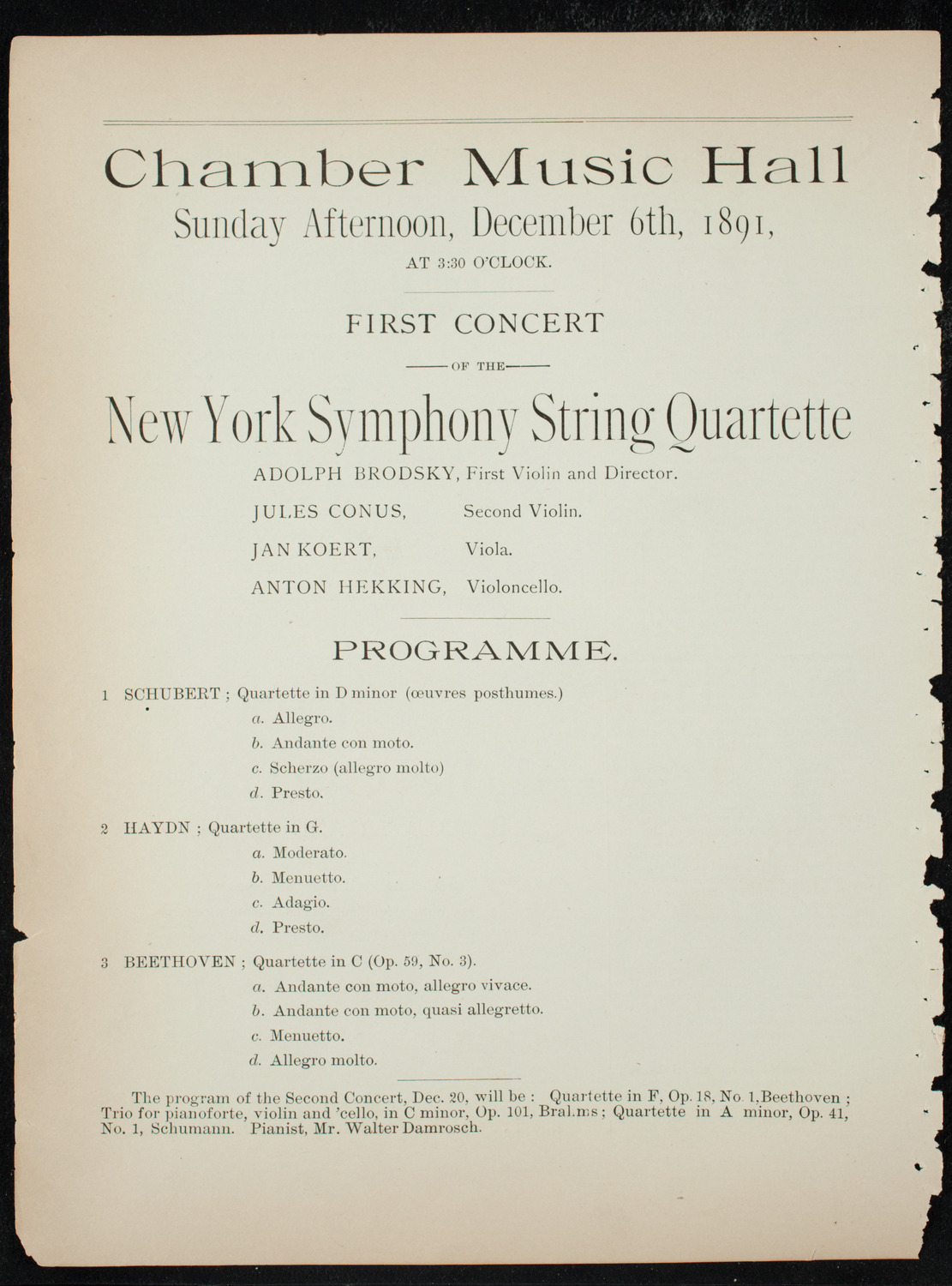 New York Symphony String Quartet, December 6, 1891, program page 6