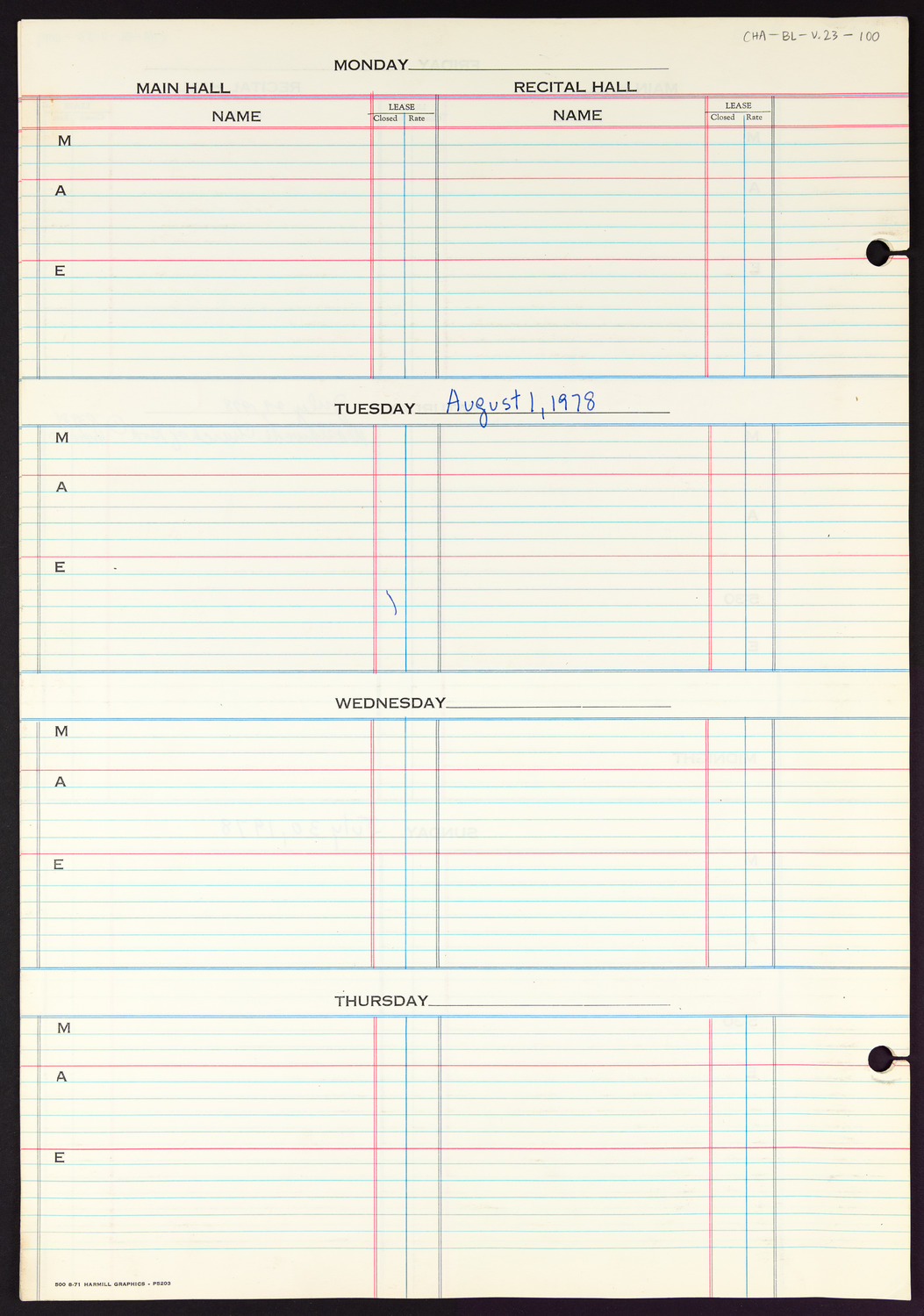 Carnegie Hall Booking Ledger, volume 23, page 100