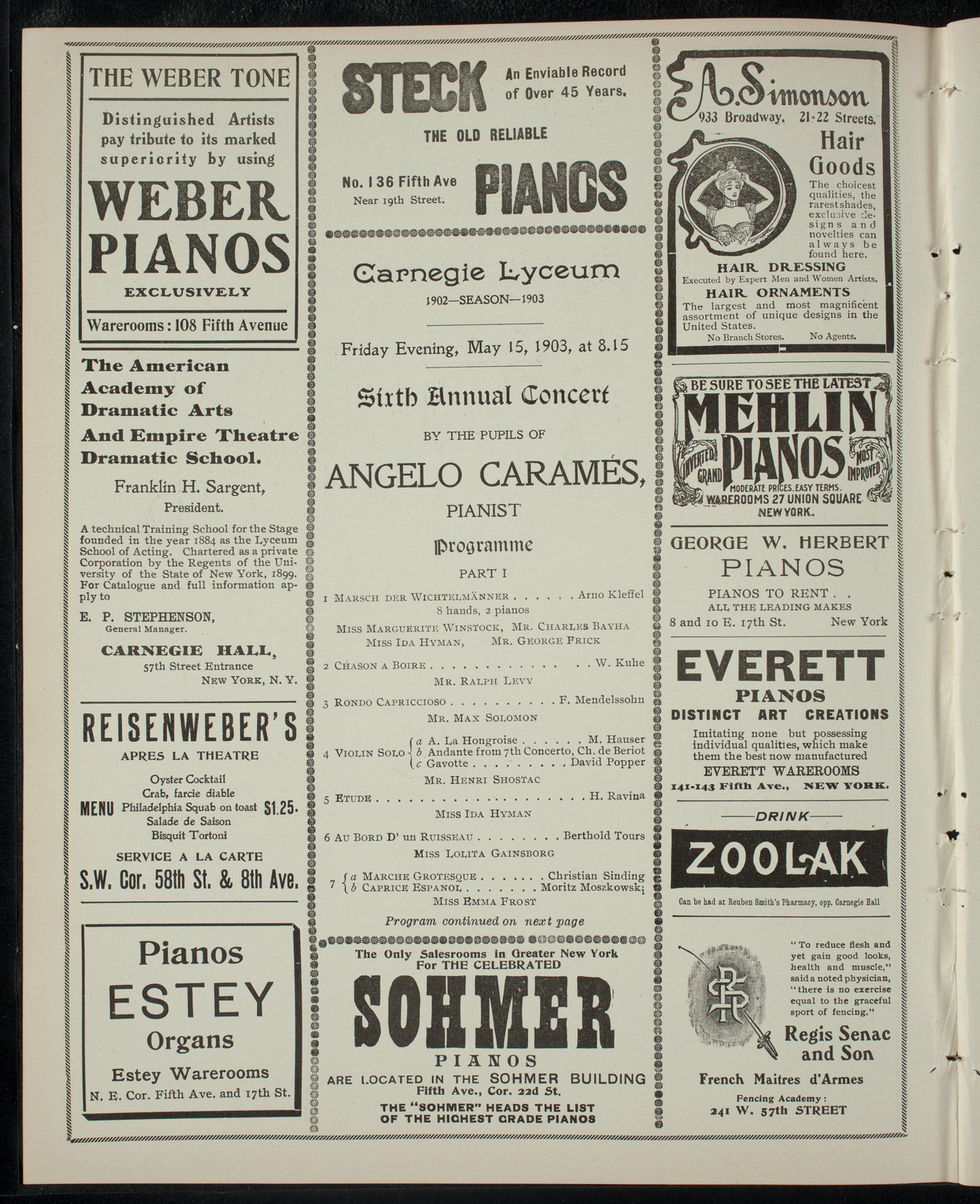 Students of Angelo Carames, May 15, 1903, program page 2