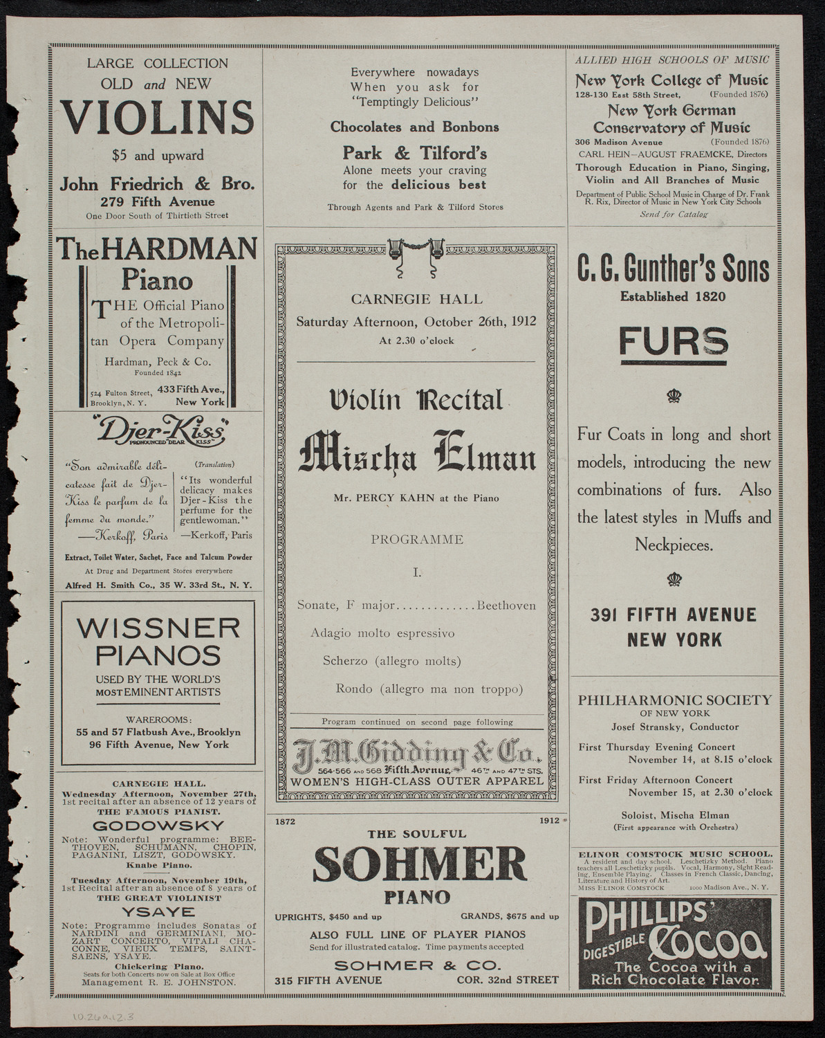 Mischa Elman, Violin, October 26, 1912, program page 5