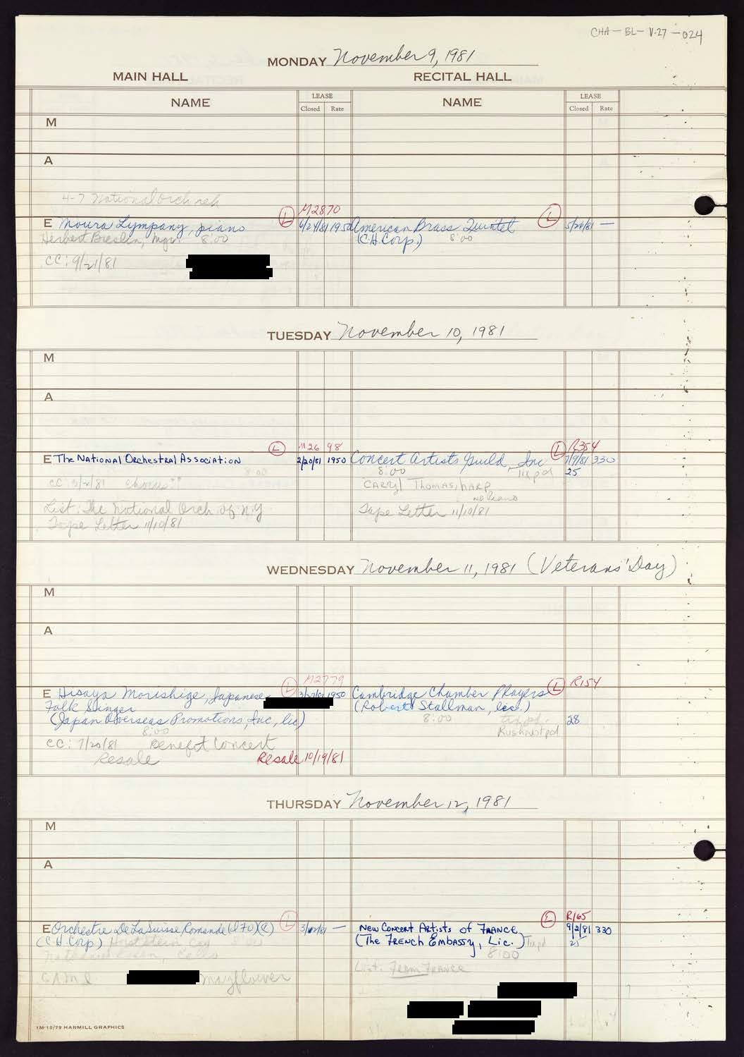 Carnegie Hall Booking Ledger, volume 27, page 24