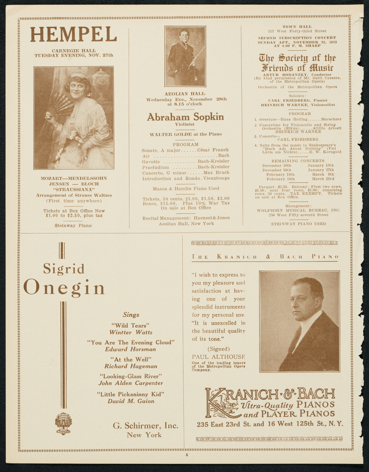 Philadelphia Orchestra, November 20, 1923, program page 6