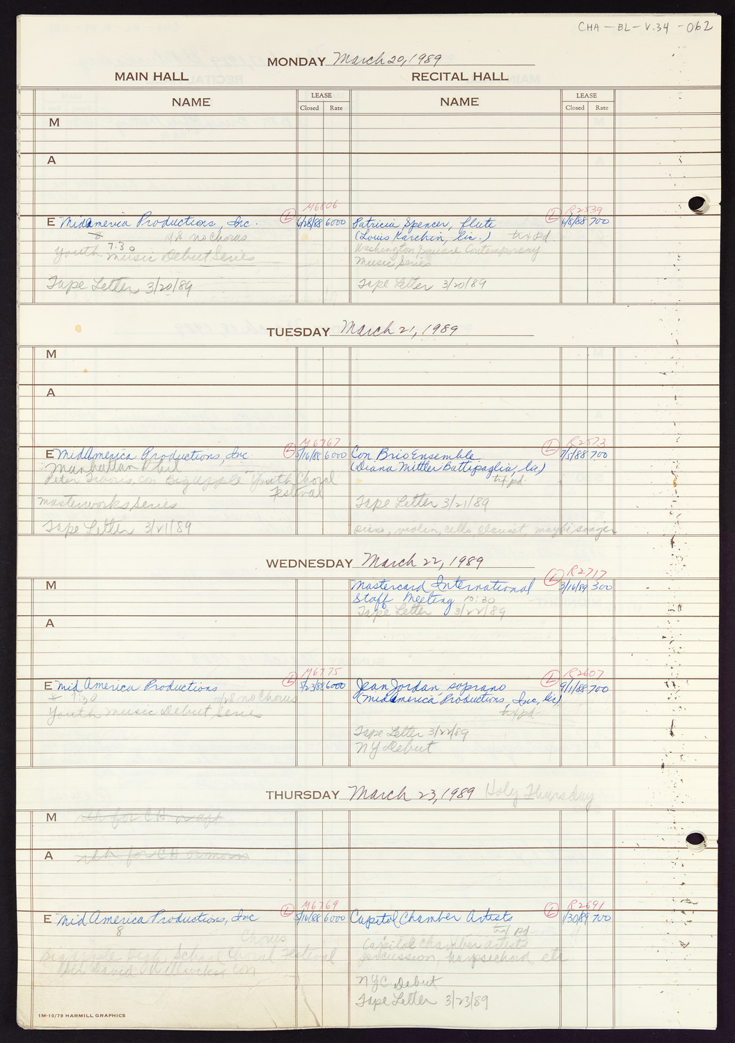 Carnegie Hall Booking Ledger, volume 34, page 62