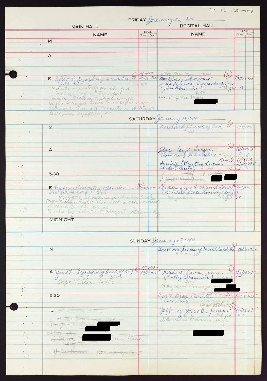 Carnegie Hall Booking Ledger, volume 25, page 43