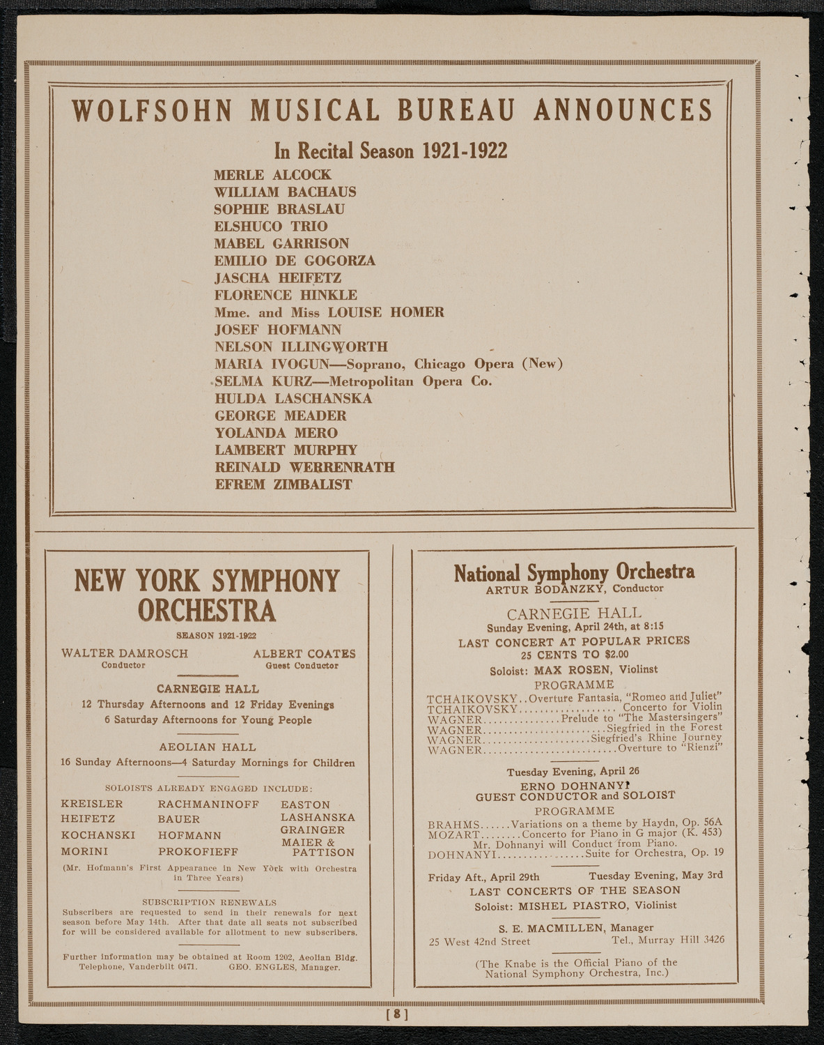 National Symphony Orchestra, April 23, 1921, program page 8