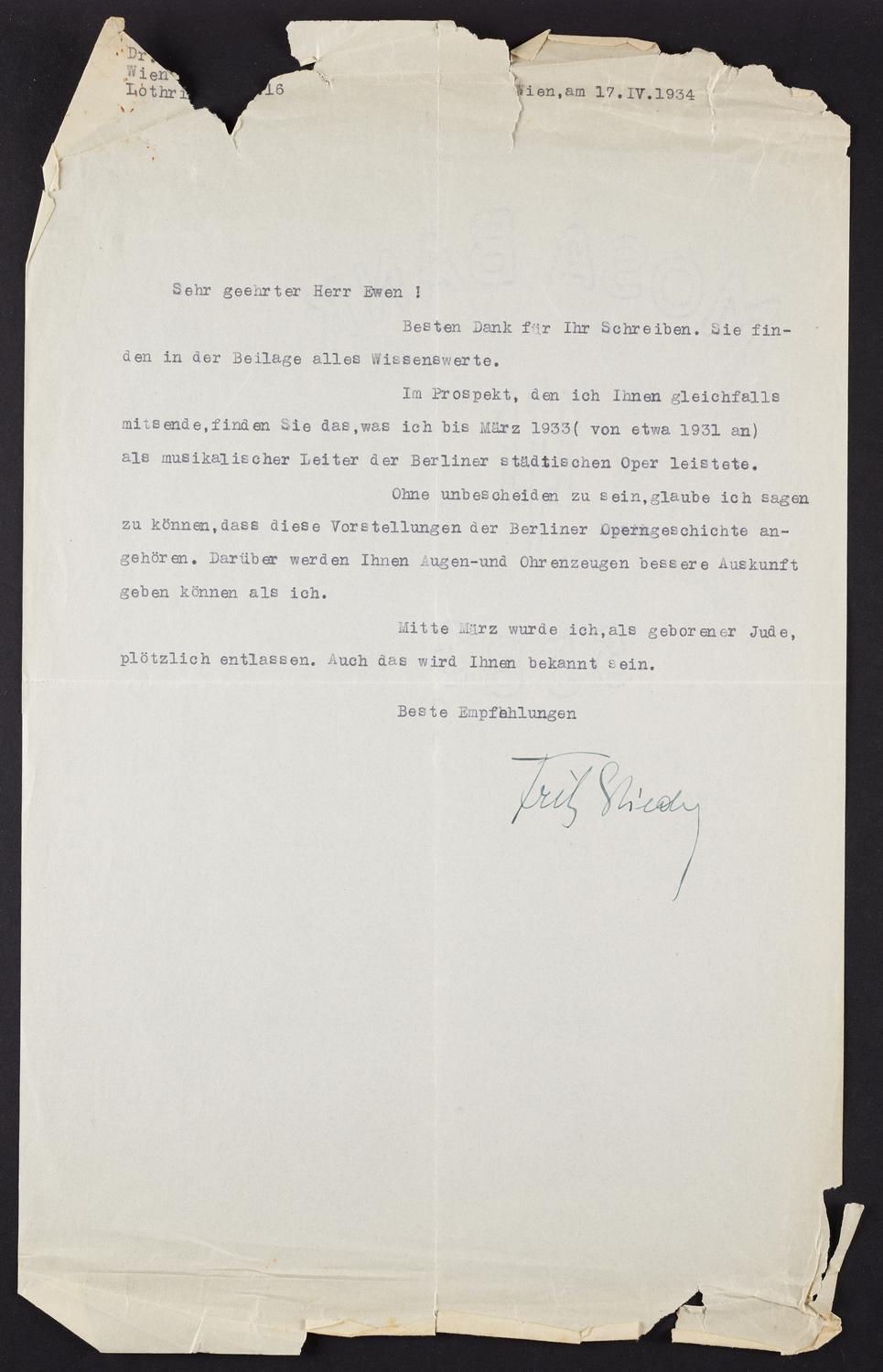 Correspondence from Fritz Stiedry to David Ewen