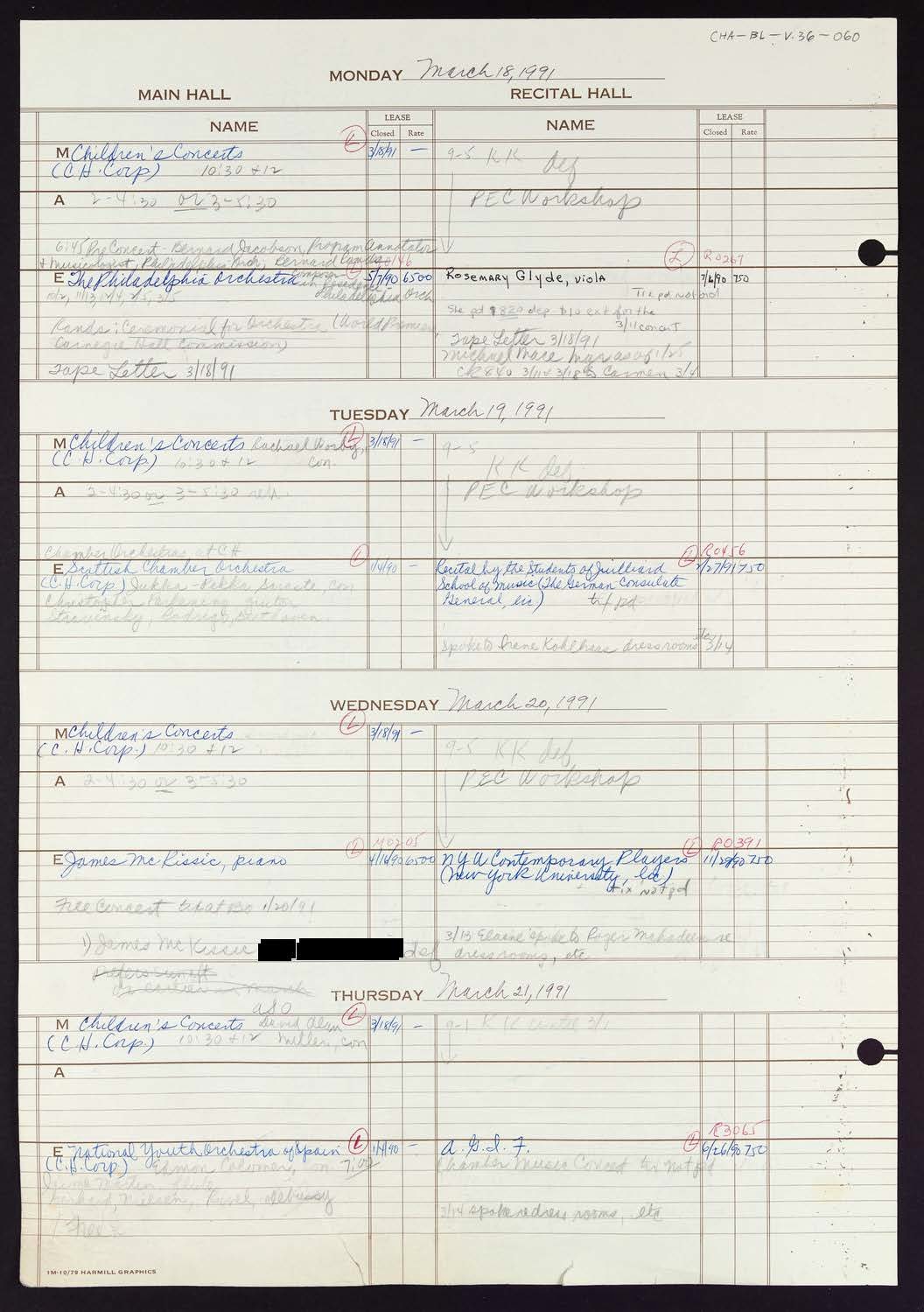 Carnegie Hall Booking Ledger, volume 36, page 60