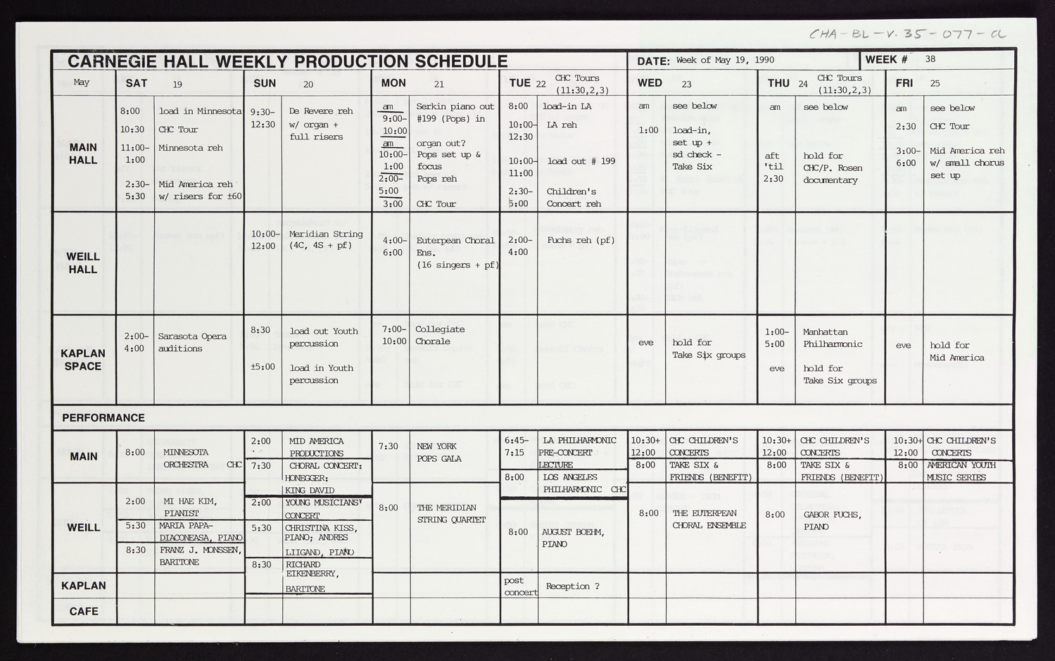 Carnegie Hall Booking Ledger, volume 35, page 77a