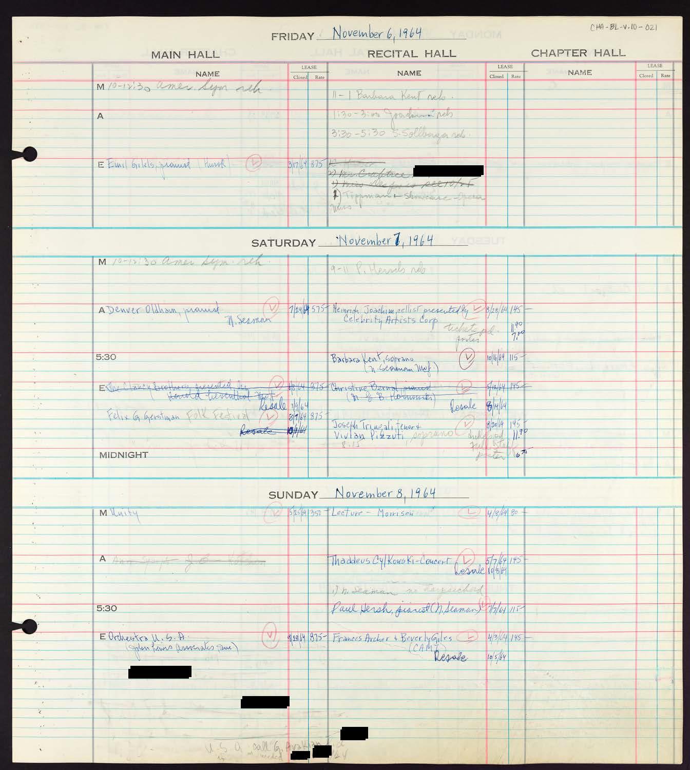 Carnegie Hall Booking Ledger, volume 10, page 21