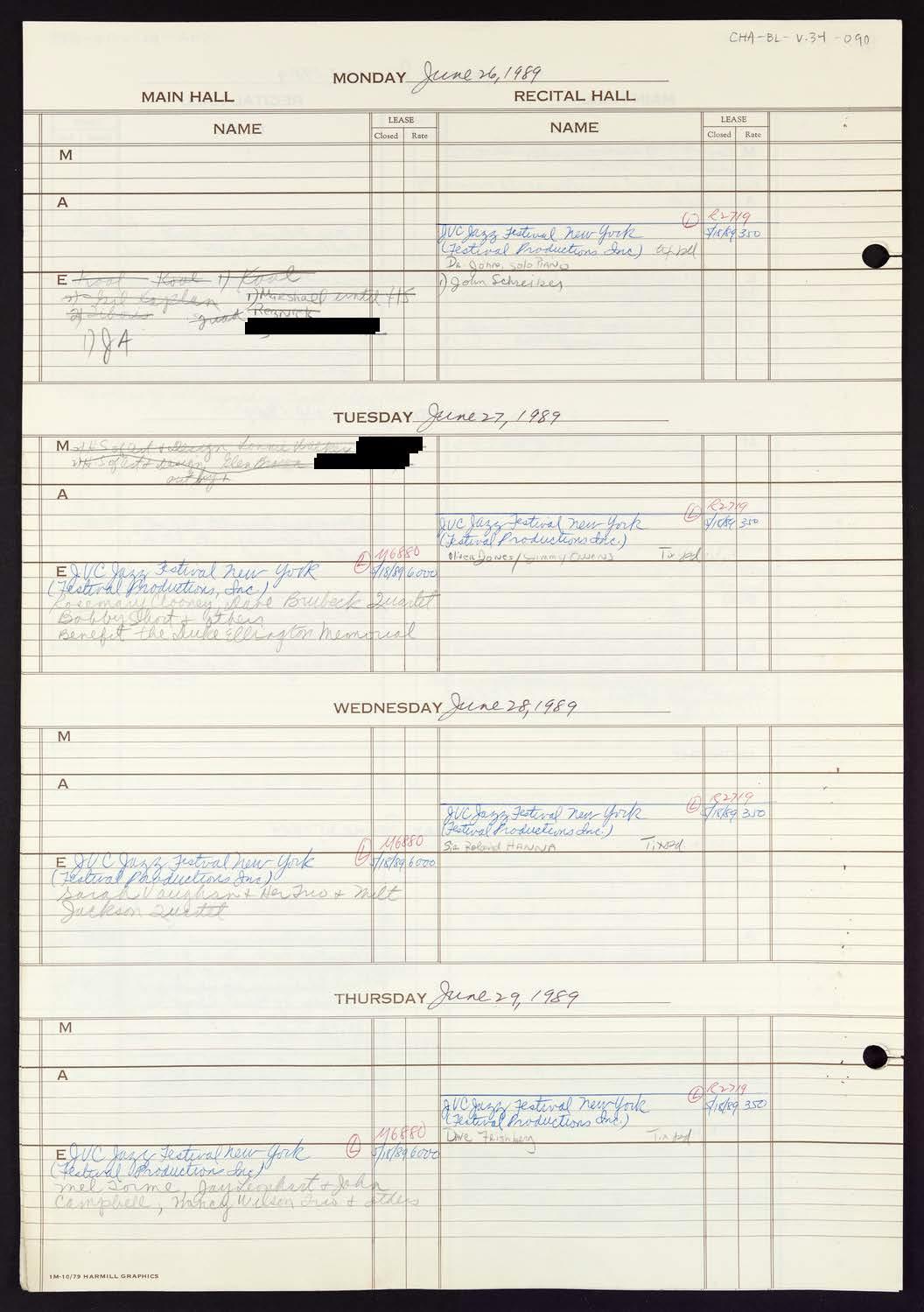 Carnegie Hall Booking Ledger, volume 34, page 90