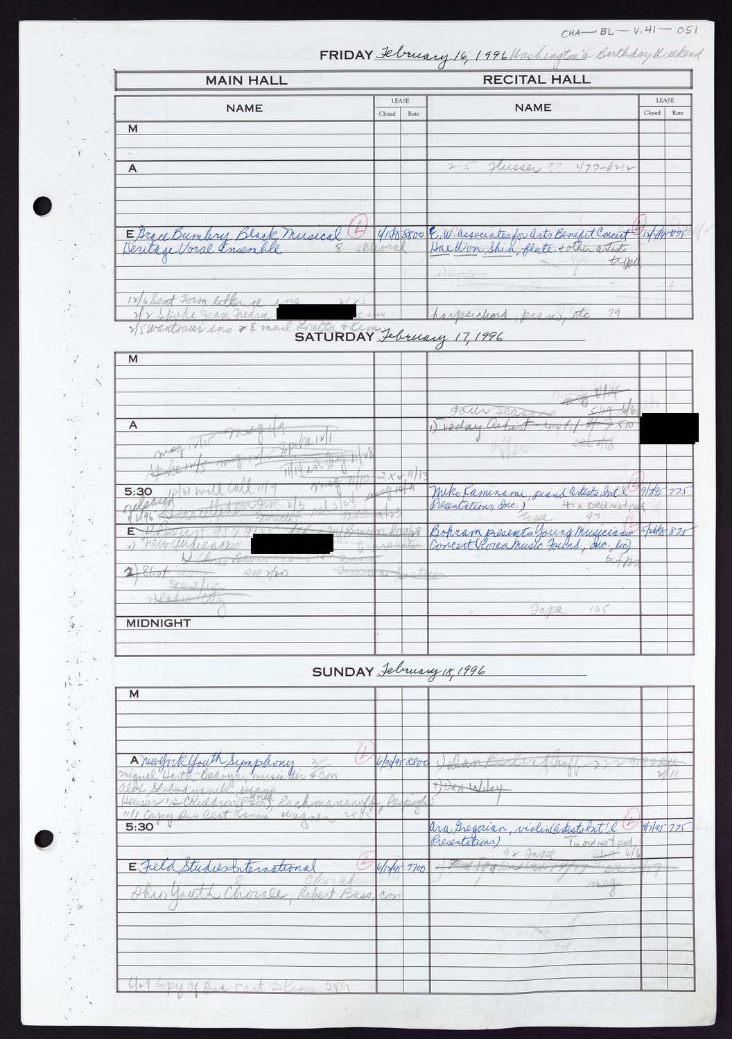 Carnegie Hall Booking Ledger, volume 41, page 51