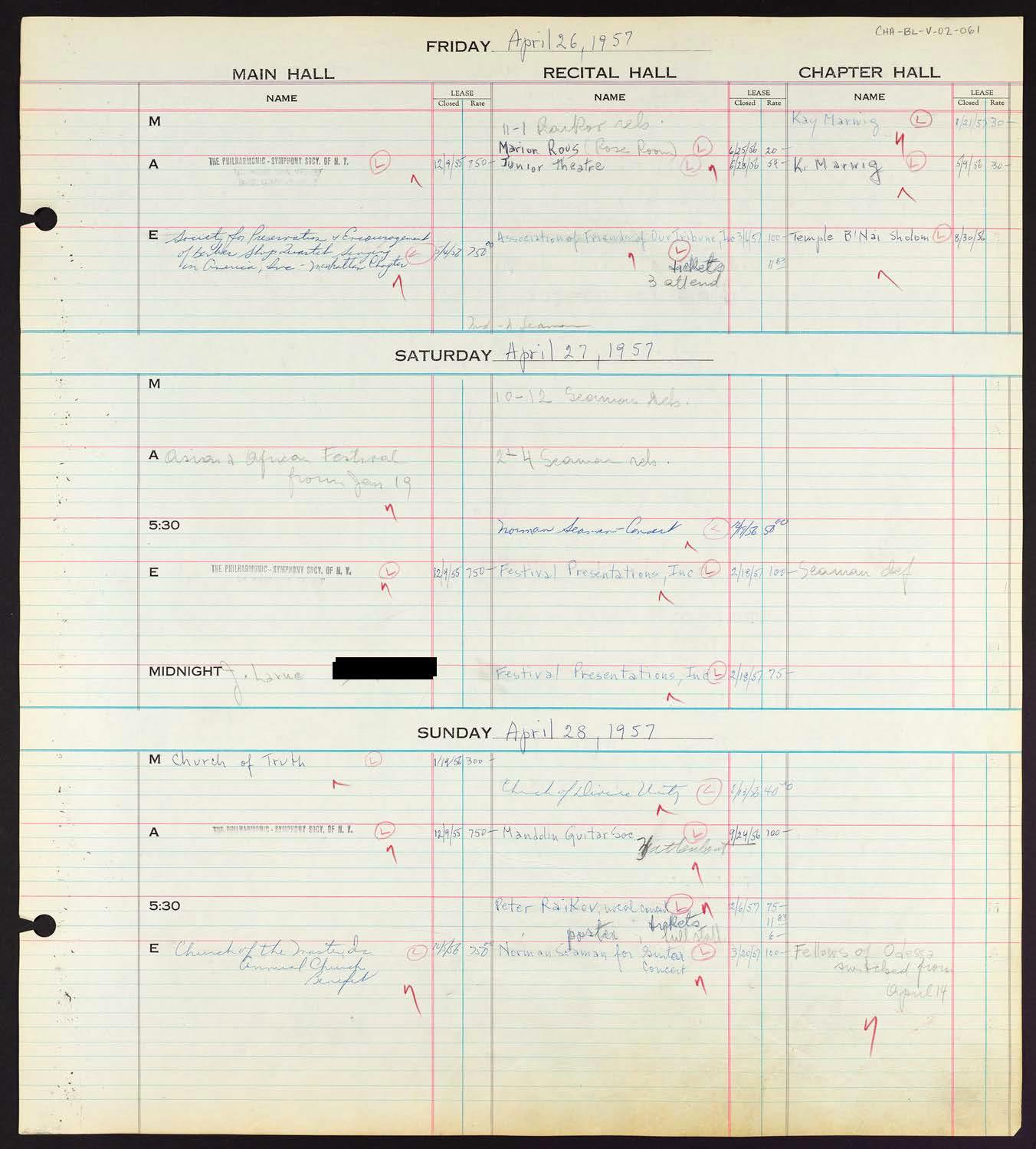 Carnegie Hall Booking Ledger, volume 2, page 61