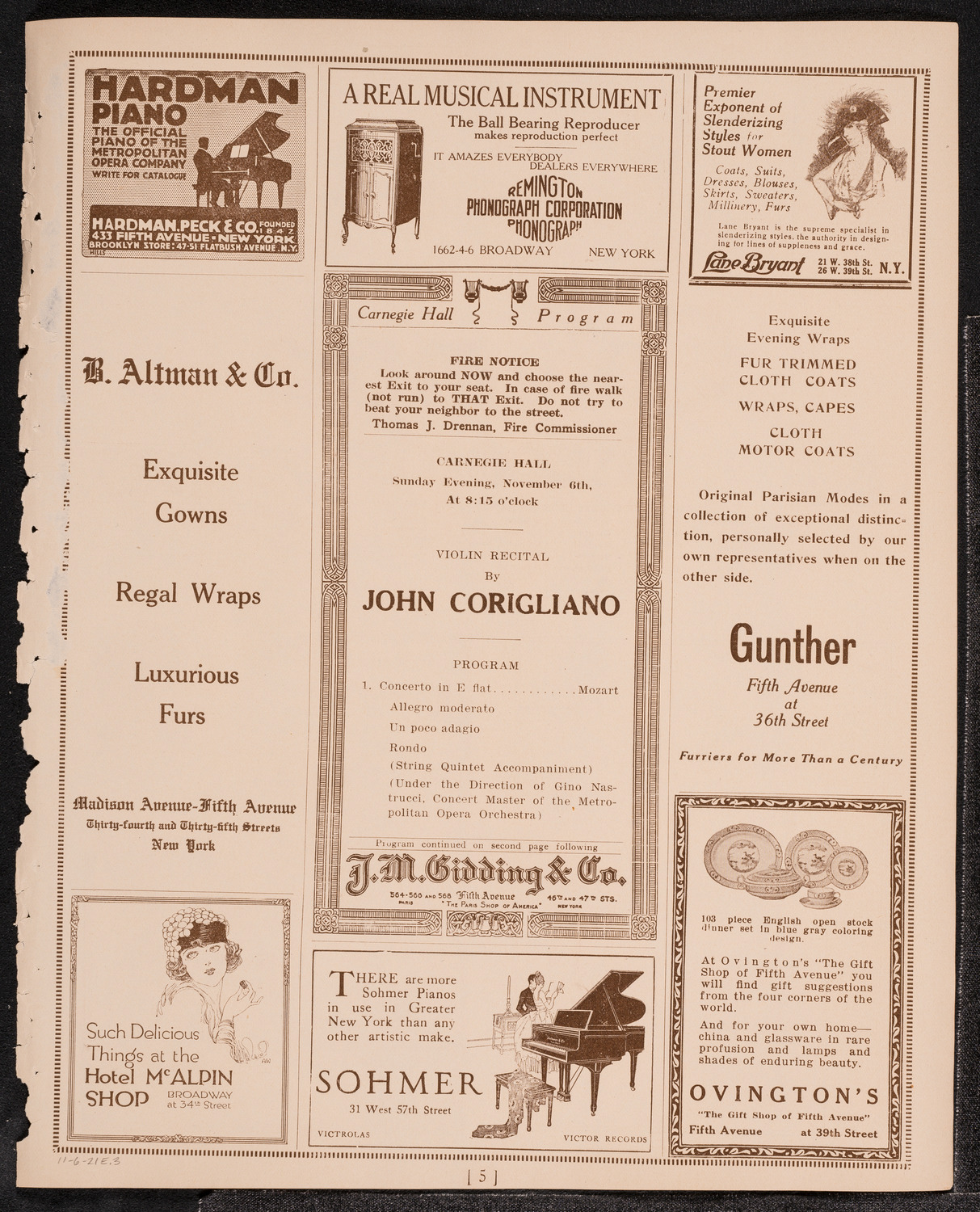 John Corigliano, Violin, November 6, 1921, program page 6