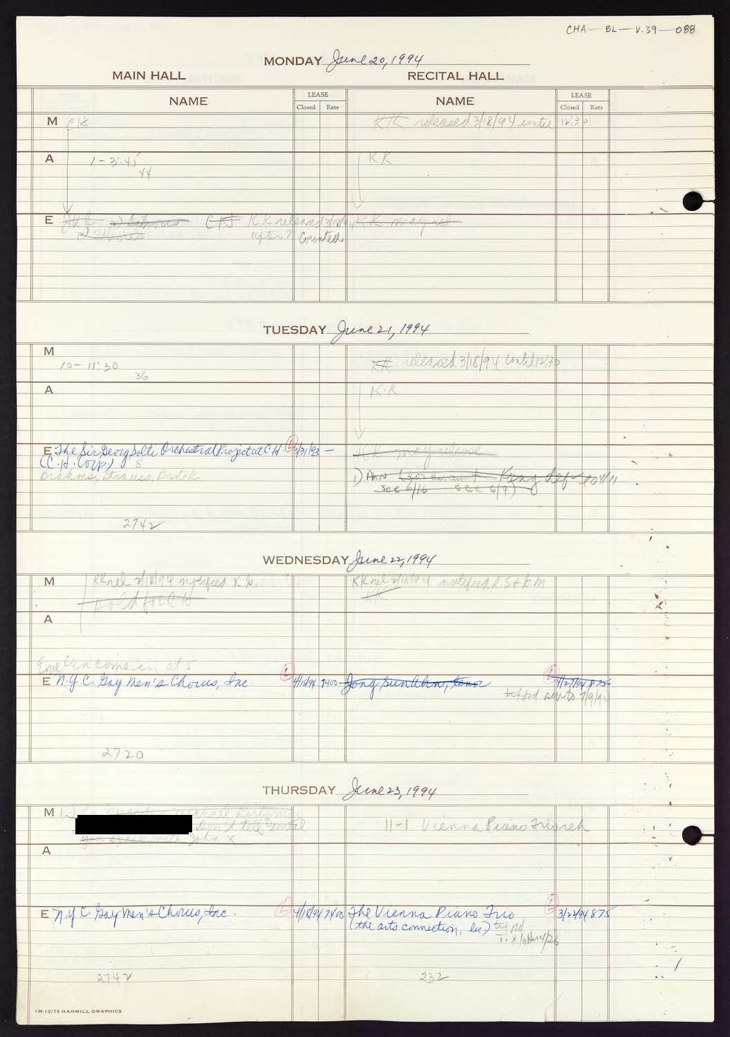 Carnegie Hall Booking Ledger, volume 39, page 88