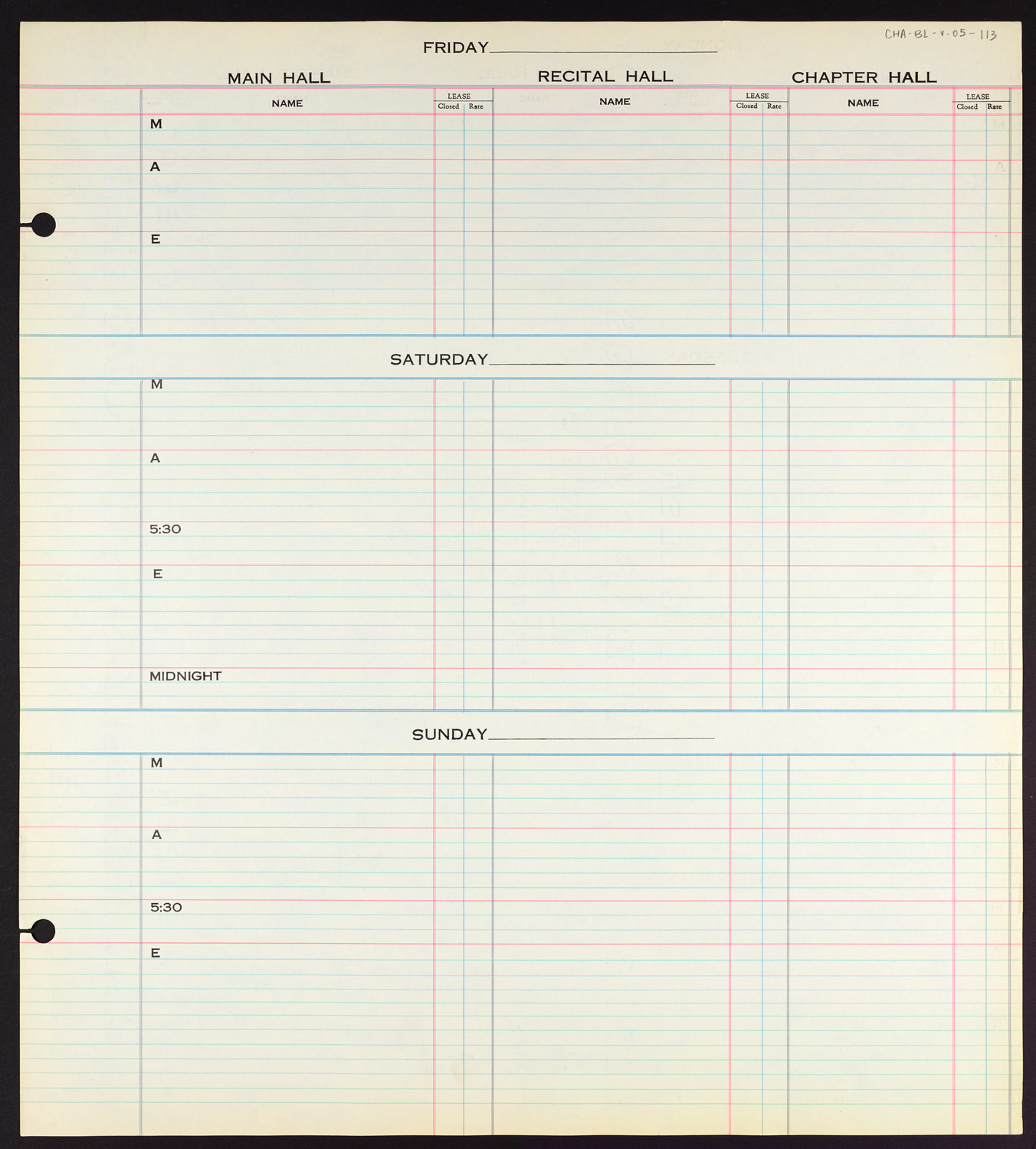 Carnegie Hall Booking Ledger, volume 5, page 113