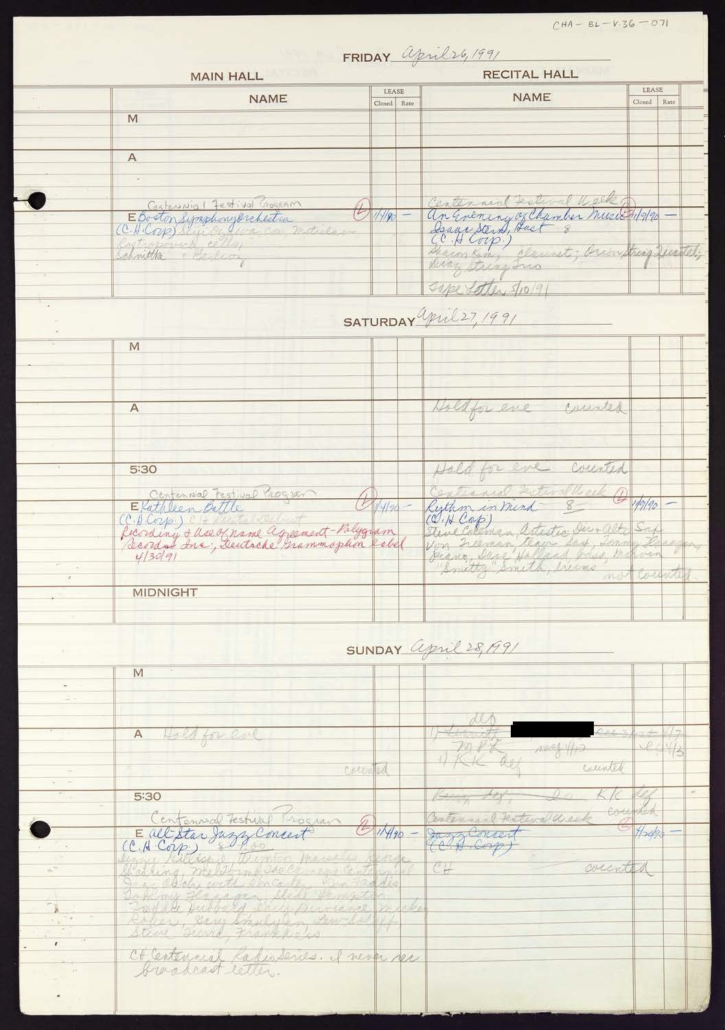 Carnegie Hall Booking Ledger, volume 36, page 71