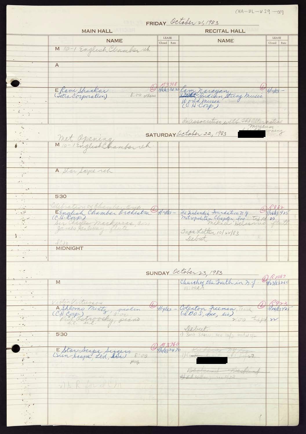 Carnegie Hall Booking Ledger, volume 29, page 19