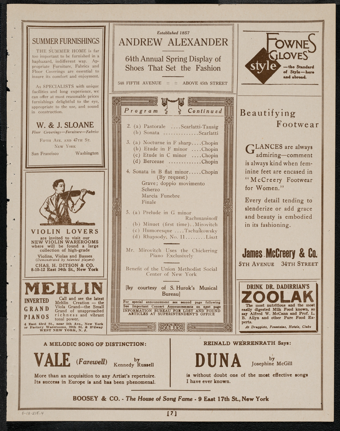 Alfred Mirovitch, Piano, May 13, 1921, program page 7