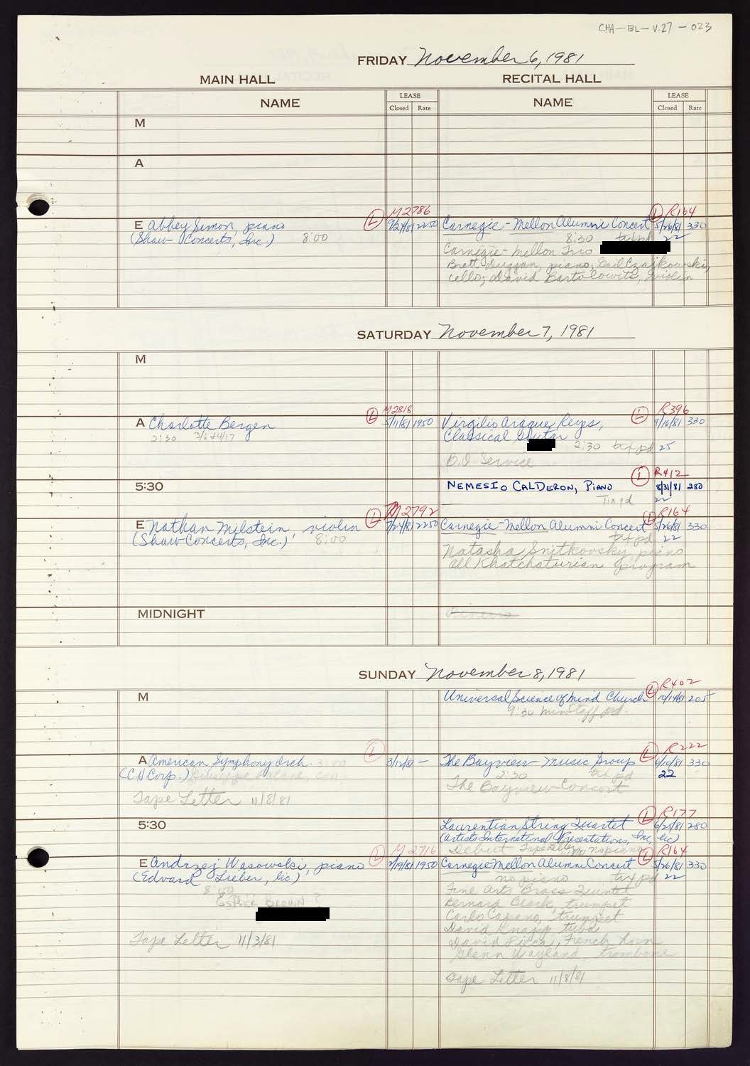 Carnegie Hall Booking Ledger, volume 27, page 23