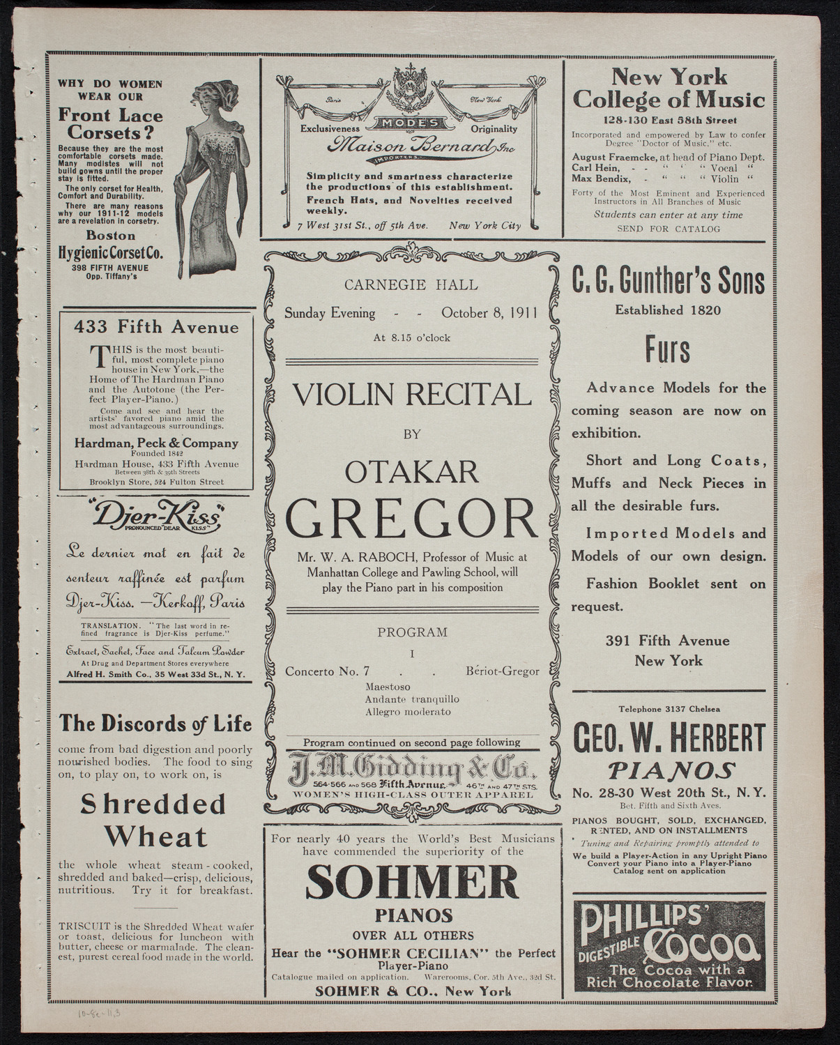 Otakar Gregor, Violin, October 8, 1911, program page 5