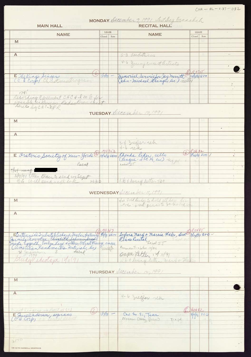 Carnegie Hall Booking Ledger, volume 37, page 32