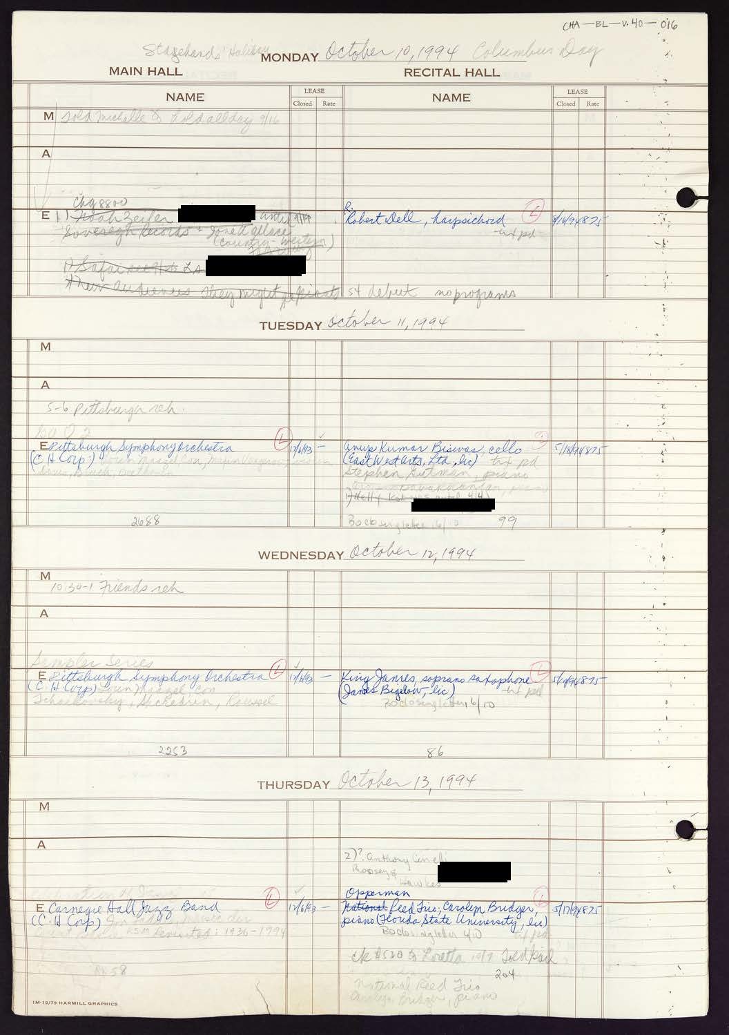 Carnegie Hall Booking Ledger, volume 40, page 16