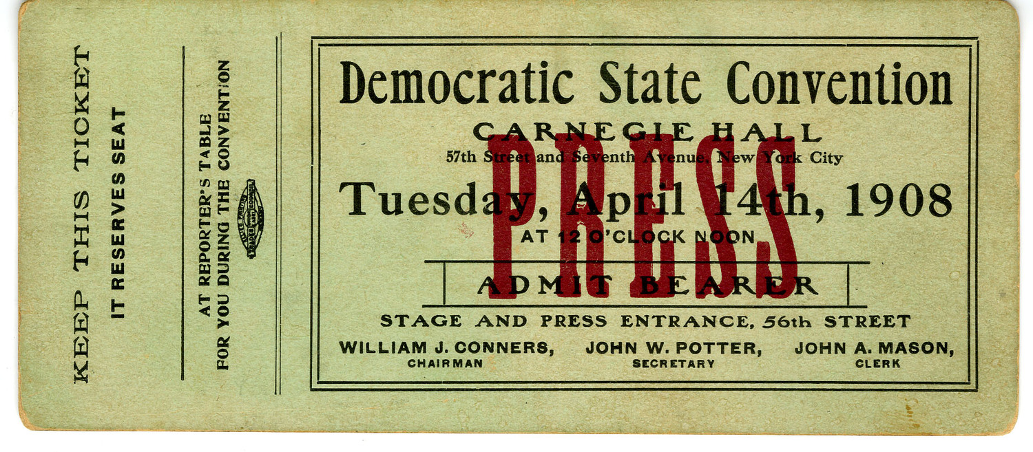 Democratic State Convention press ticket, April 14, 1908